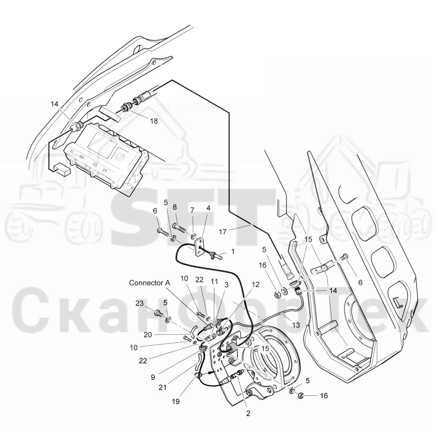 Схема: Komatsu / Лесозаготовительные машины / 911 S/N 9112062167- / Каталог запасных частей / Лесозаготовительное оборудование / Головка лесозаготовительной машины / 360.2 / Каталог запасных частей / Резка / Электрооборудование устройства резки 3600022941-