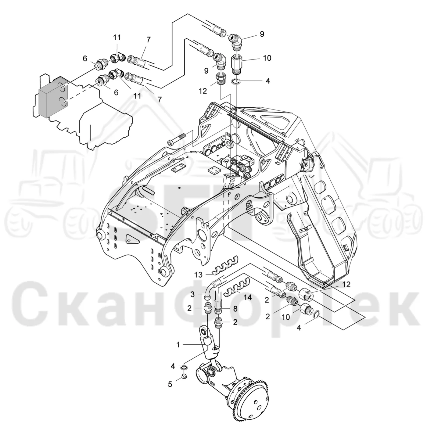 Схема: Komatsu / Головки лесозаготовительной машины / 300 Головки лесозаготовительной машины / 360.2 / Каталог запасных частей / Измерение / Гидравлика подъемного механизма мерного ролика