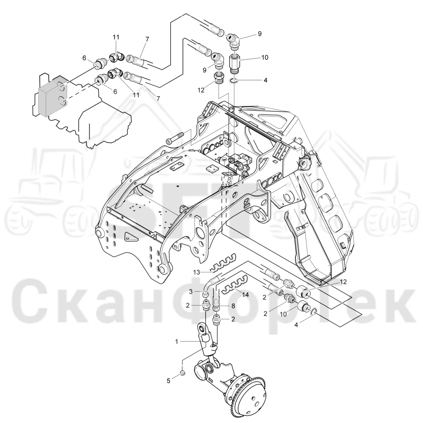 Схема: Komatsu / Лесозаготовительные машины / 911 S/N 9112062167- / Каталог запасных частей / Лесозаготовительное оборудование / Головка лесозаготовительной машины / 360.2 / Каталог запасных частей / Измерение / Подъем измерительного колеса, гидравлика 3600023291-