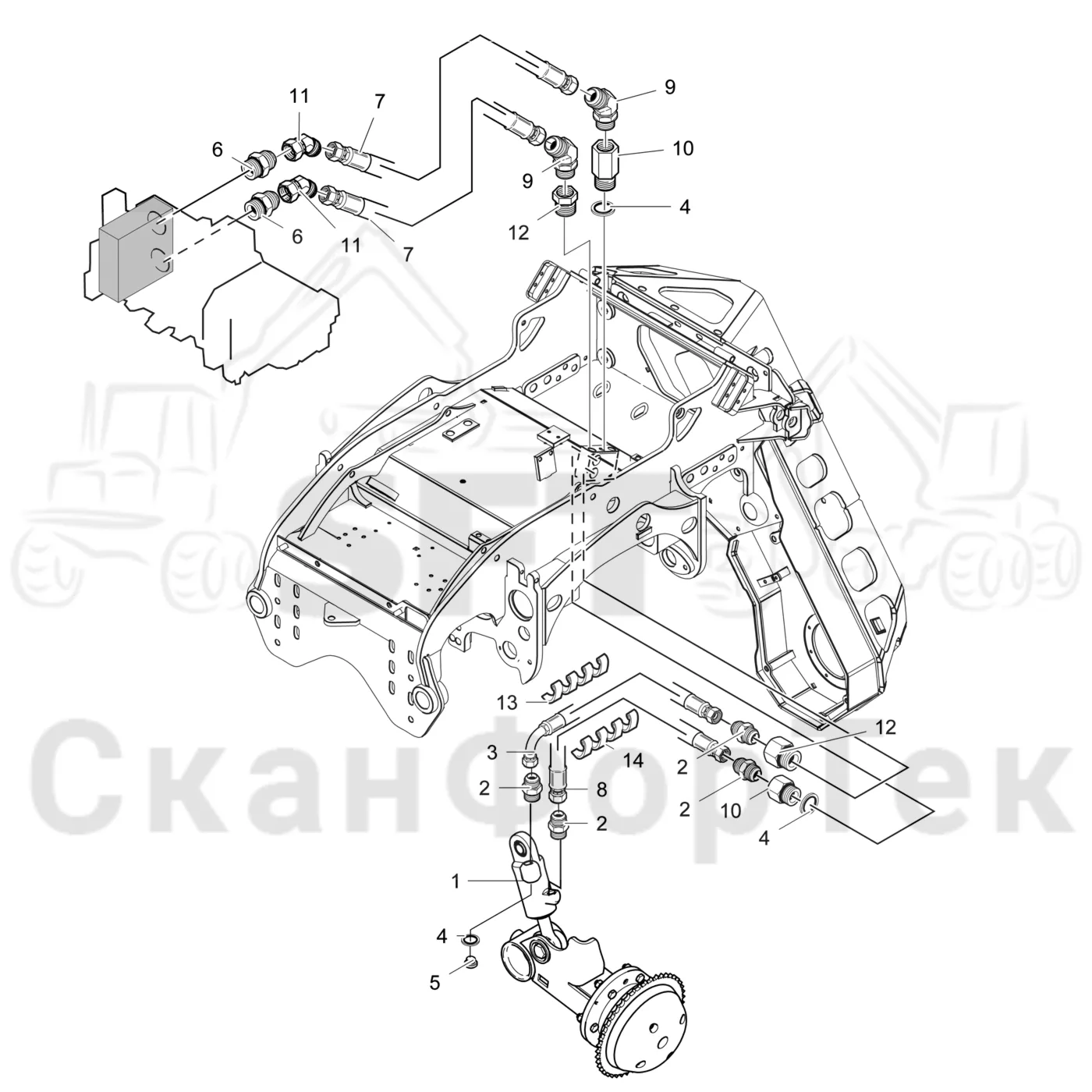 Схема: Komatsu / Лесозаготовительные машины / 911 S/N 9112062167- / Каталог запасных частей / Лесозаготовительное оборудование / Головка лесозаготовительной машины / 360.2 / Каталог запасных частей / Измерение / Активное гидравлическое оборудование подъемника измерительного колеса