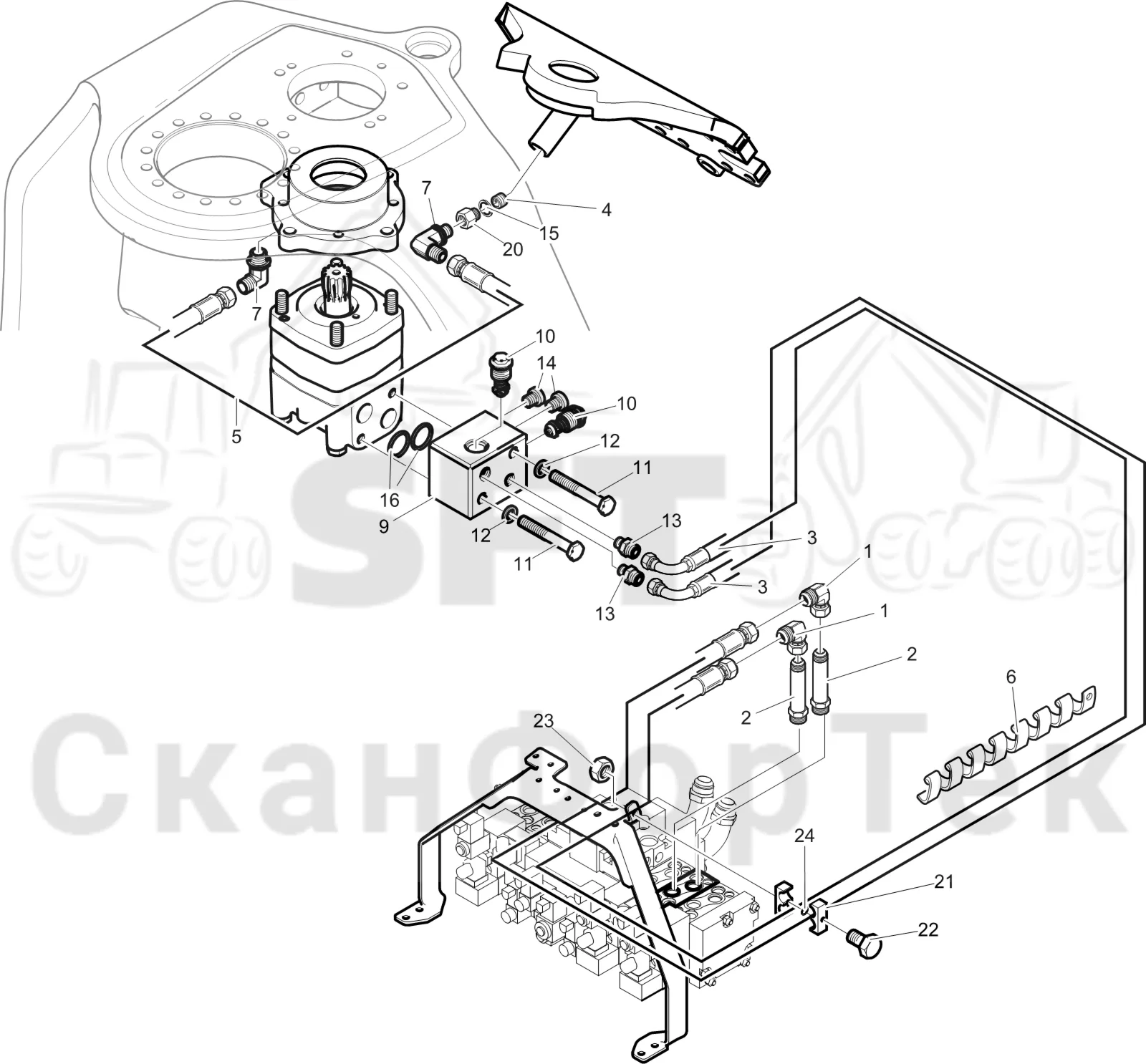 Схема: Komatsu / Лесозаготовительные машины / 911 S/N 9110062167- / Каталог запасных частей / Лесозаготовительное оборудование / Головка лесозаготовительной машины / 360.2 / Каталог запасных частей / Поворотные устройства и звенья / Гидравлическое оборудование поворотного устройства 3600023521-