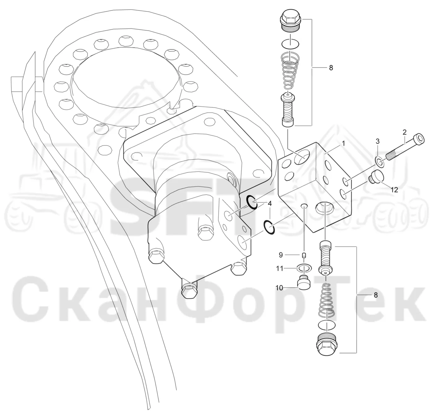 Схема: Komatsu / Лесозаготовительные машины / 911 S/N 9110062167- / Каталог запасных частей / Лесозаготовительное оборудование / Головка лесозаготовительной машины / 360.2 / Каталог запасных частей / Поворотные устройства и звенья / Поворотное устройство, Переходный клапан 3600023291-