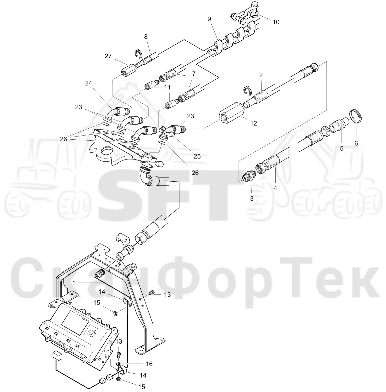 Схема: Komatsu / Лесозаготовительные машины / 911 S/N 9112062167- / Каталог запасных частей / Лесозаготовительное оборудование / Головка лесозаготовительной машины / 360.2 / Каталог запасных частей / Поворотные устройства и звенья / Гидравлическое оборудование головки подъемного крана CRH 8,5 m 3600023351-