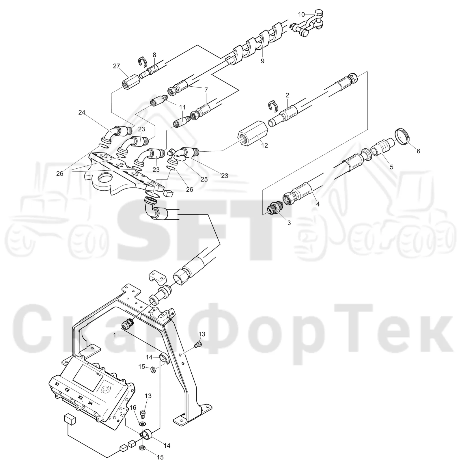 Схема: Komatsu / Лесозаготовительные машины / 911 S/N 9110062167- / Каталог запасных частей / Лесозаготовительное оборудование / Головка лесозаготовительной машины / 360.2 / Каталог запасных частей / Поворотные устройства и звенья / Электрооборудование головки подъемного 10 m  3600023351-