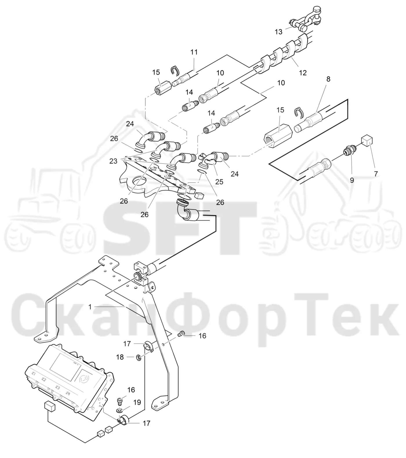 Схема: Komatsu / Лесозаготовительные машины / 931XC S/N 9313021208- / Каталог запасных частей / Лесозаготовительное оборудование / Головка лесозаготовительной машины / 360.2 / Каталог запасных частей / Поворотные устройства и звенья / Гидравлическое оборудование головки подъемного крана CRH 18