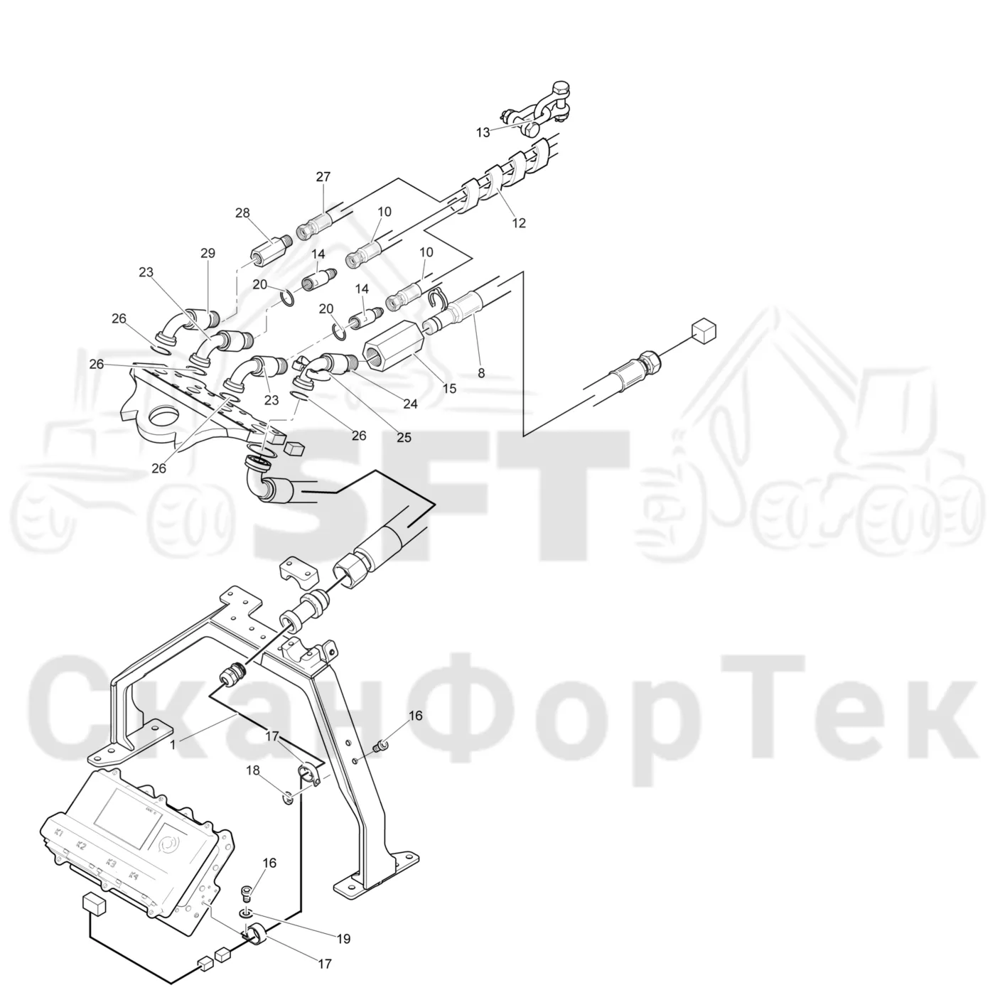 Схема: Komatsu / Лесозаготовительные машины / 911 S/N 9110062167- / Каталог запасных частей / Лесозаготовительное оборудование / Головка лесозаготовительной машины / 370.2 / Каталог запасных частей / Поворотные устройства и звенья / Гидравлическое оборудование головки подъемного крана CRH 22
