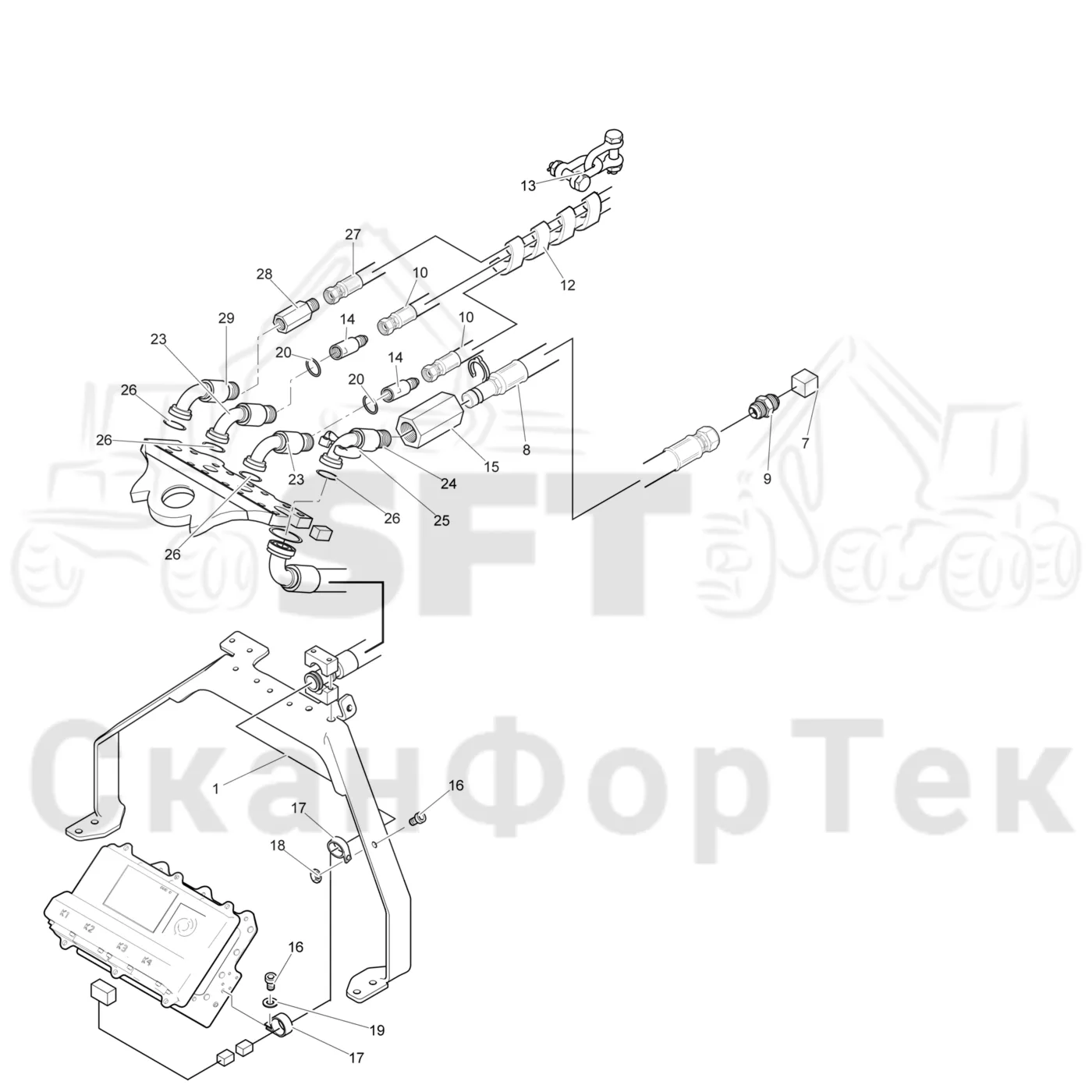 Схема: Komatsu / Лесозаготовительные машины / 951 S/N 9510004367- / Каталог запасных частей / Лесозаготовительное оборудование / Головка лесозаготовительной машины / 370.2 / Каталог запасных частей / Поворотные устройства и звенья / Гидравлическое оборудование головки подъемного крана CRH  ORFS