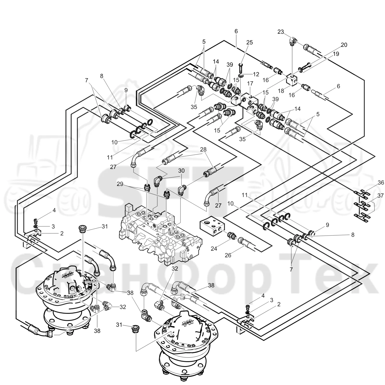 Схема: Komatsu / Лесозаготовительные машины / 911 S/N 9110062167- / Каталог запасных частей / Лесозаготовительное оборудование / Головка лесозаготовительной машины / 370.2 / Каталог запасных частей / Подача / Гидравлическое оборудование подачи 3700022881-