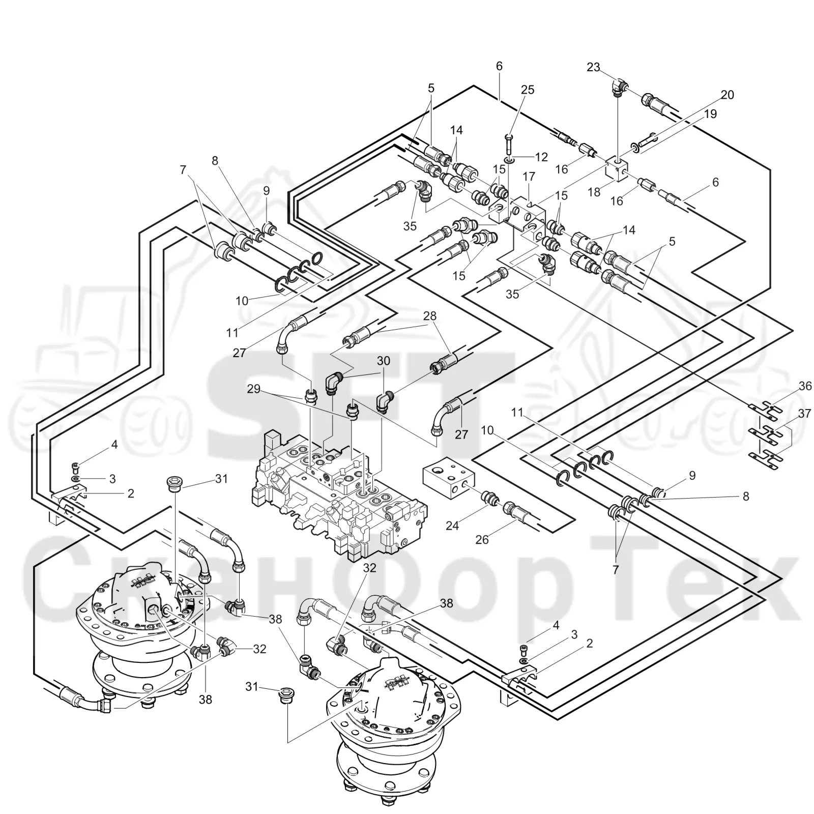 Схема: Komatsu / Лесозаготовительные машины / 911 S/N 9112062167- / Каталог запасных частей / Лесозаготовительное оборудование / Головка лесозаготовительной машины / 370.2 / Каталог запасных частей / Подача / Гидравлическое оборудование подачи 3700022901-