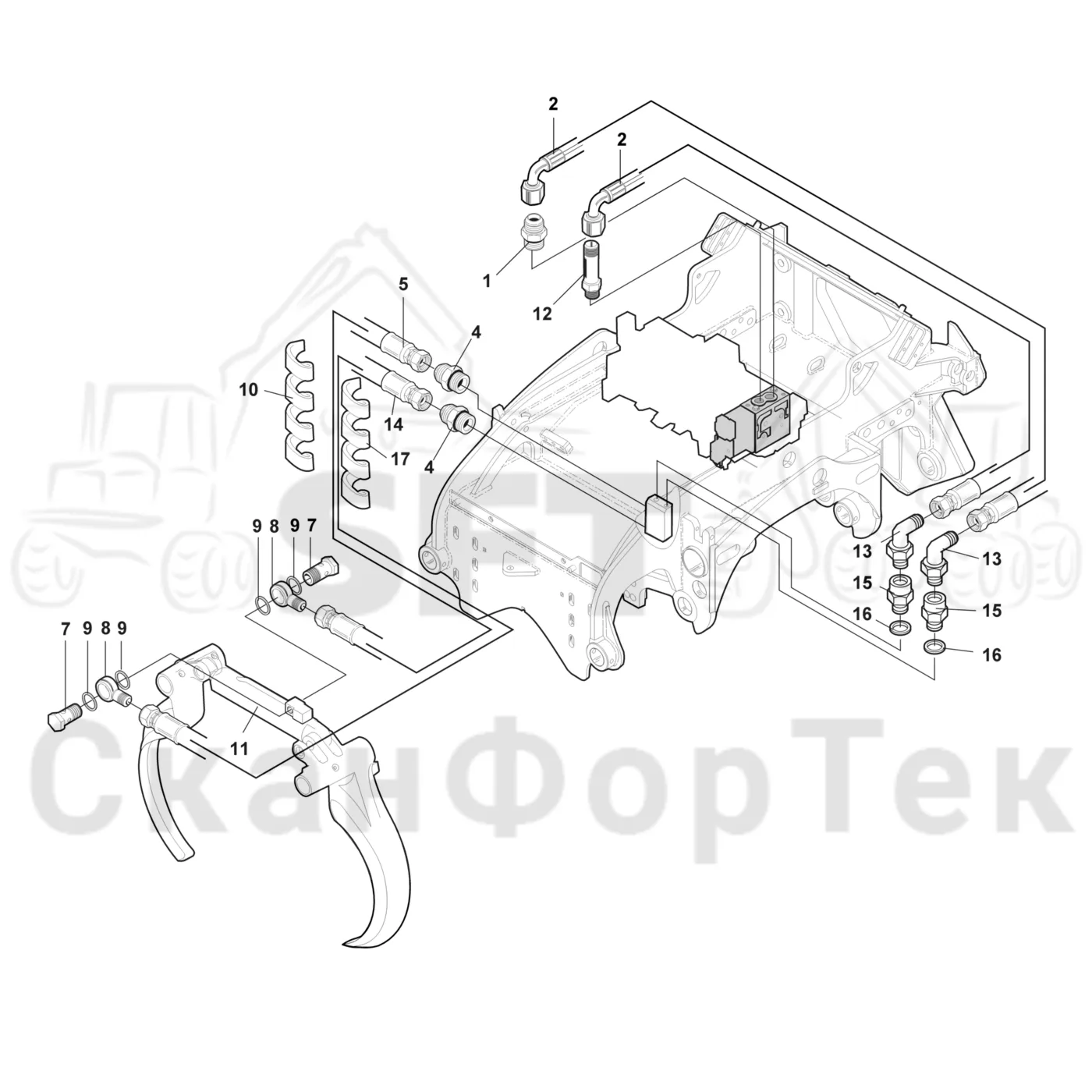 Схема: Komatsu / Лесозаготовительные машины / 951 S/N 9510004367- / Каталог запасных частей / Лесозаготовительное оборудование / Головка лесозаготовительной машины / 370.2 / Каталог запасных частей / Обрезка сучьев / Гидравлическое оборудование передних сучкорезных ножей 3700022691-