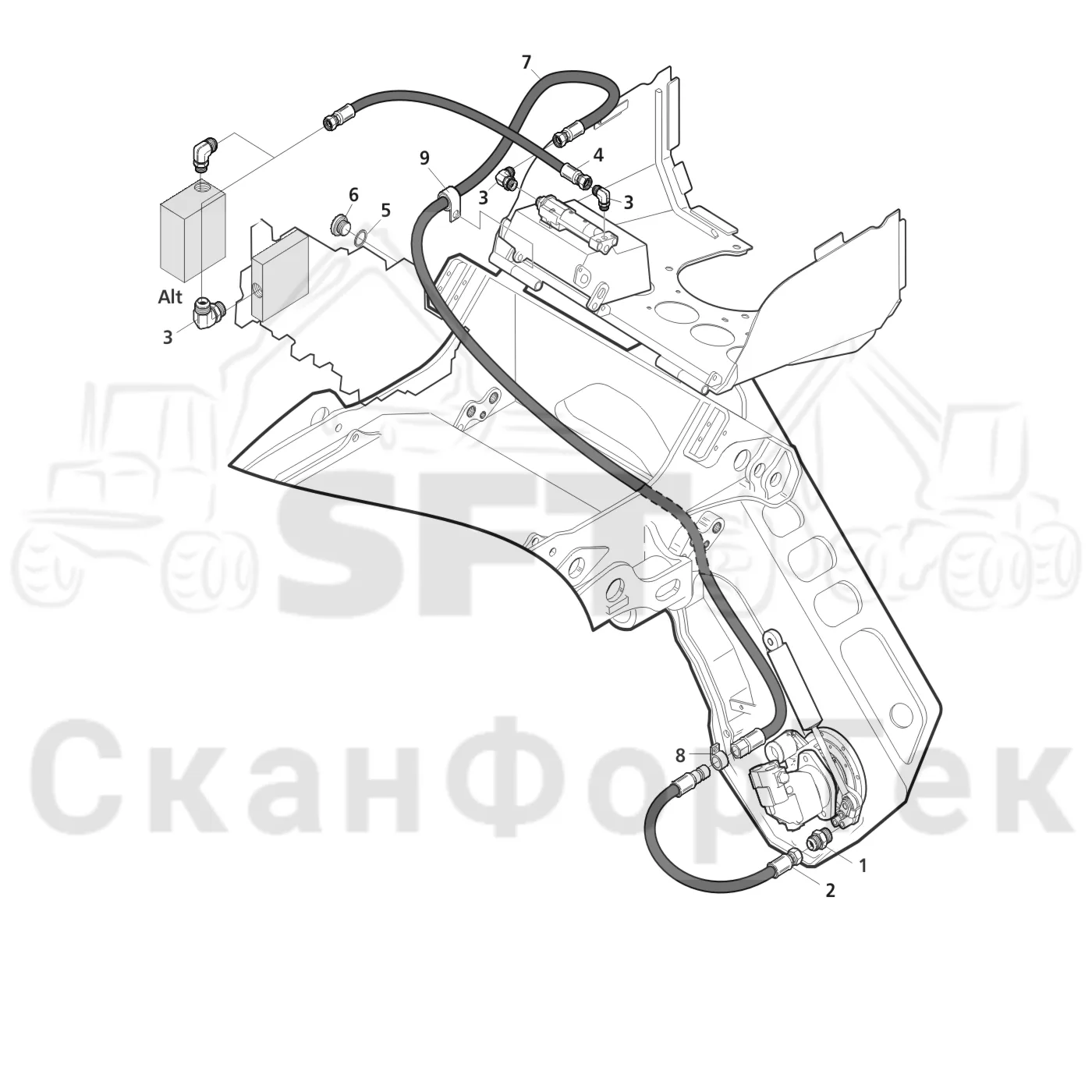 Схема: Valmet / Головки лесозаготовительной машины / Valmet 370.2 / Valmet 370.2 / Каталог запасных частей / Резка / Масленка Eco системы смазки цепи