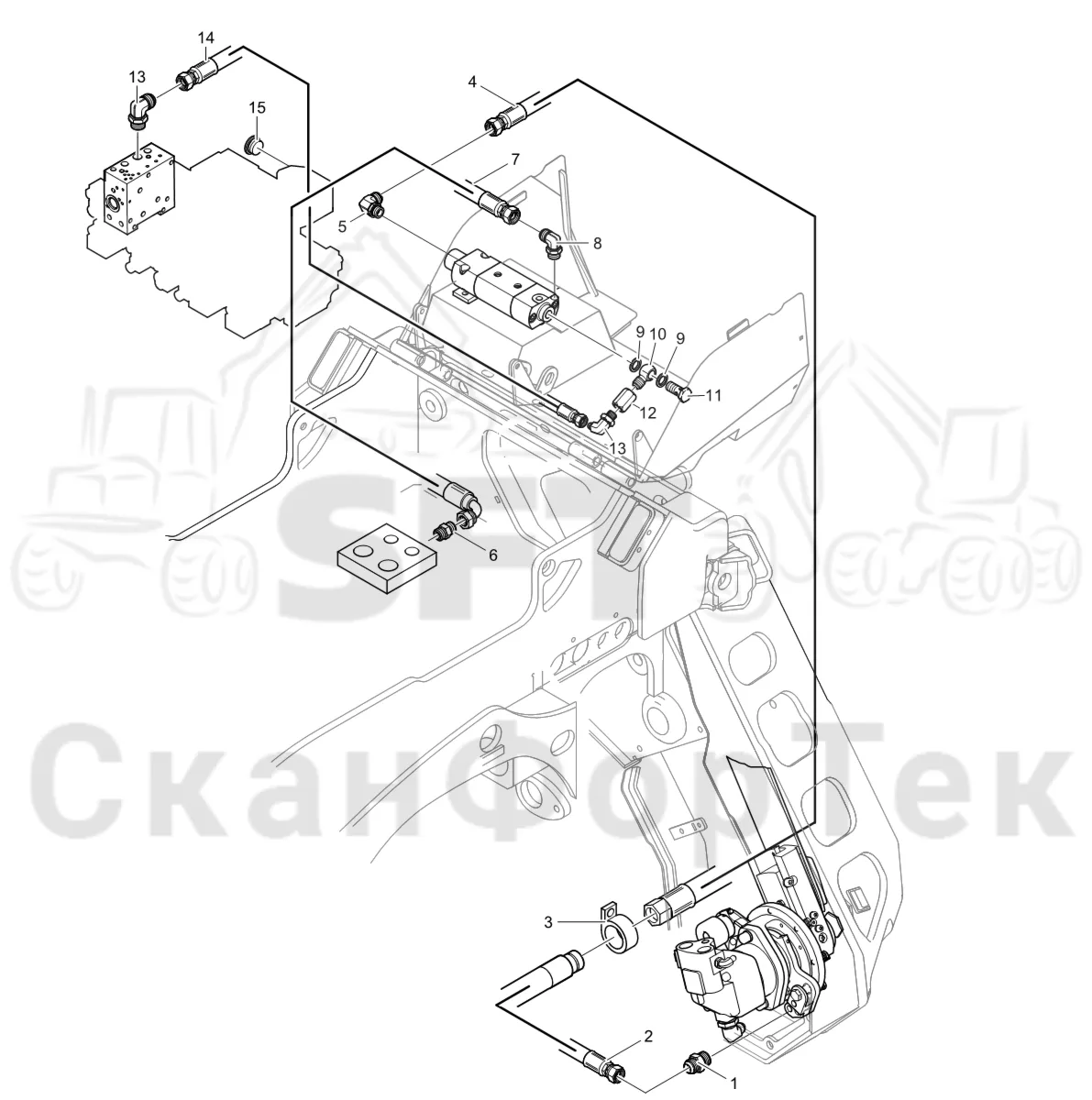 Схема: Komatsu / Лесозаготовительные машины / 911 S/N 9112062167- / Каталог запасных частей / Лесозаготовительное оборудование / Головка лесозаготовительной машины / 370.2 / Каталог запасных частей / Резка / Масленка Eco системы смазки цепи 3700022771-