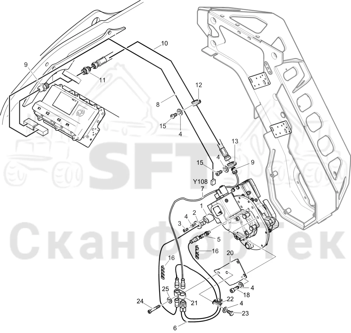 Схема: Komatsu / Лесозаготовительные машины / 911 S/N 9112062167- / Каталог запасных частей / Лесозаготовительное оборудование / Головка лесозаготовительной машины / 370.2 / Каталог запасных частей / Резка / Электрооборудование устройства резки 3700022789-