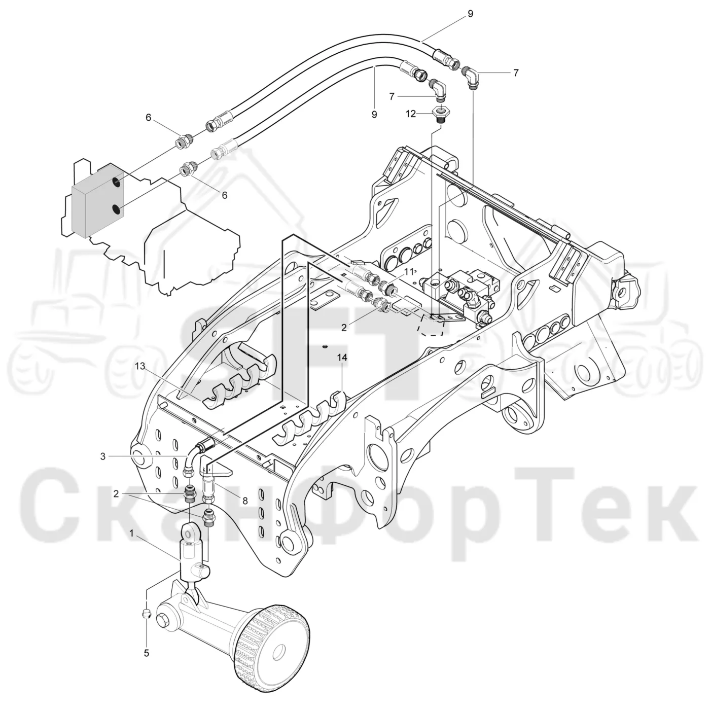 Схема: Komatsu / Лесозаготовительные машины / 911 S/N 9112062167- / Каталог запасных частей / Лесозаготовительное оборудование / Головка лесозаготовительной машины / 370.2 / Каталог запасных частей / Измерение / Гидравлика подъемного механизма мерного ролика 3700022691-
