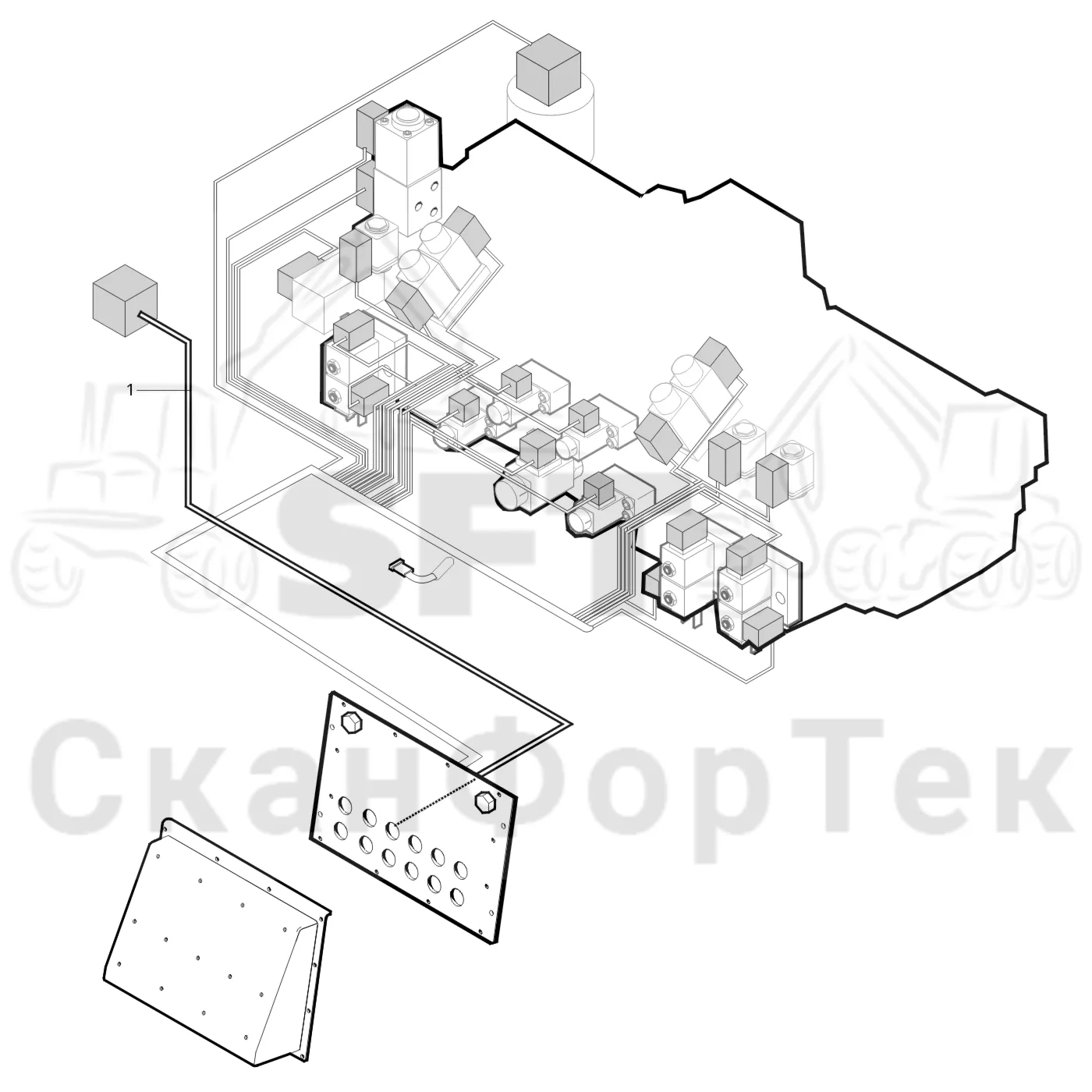 Схема: Komatsu / Лесозаготовительные машины / 931XC S/N 9313021208- / Каталог запасных частей / Лесозаготовительное оборудование / Головка лесозаготовительной машины / 370.2 / Каталог запасных частей / Измерение / Проводка подъема измерительного колеса