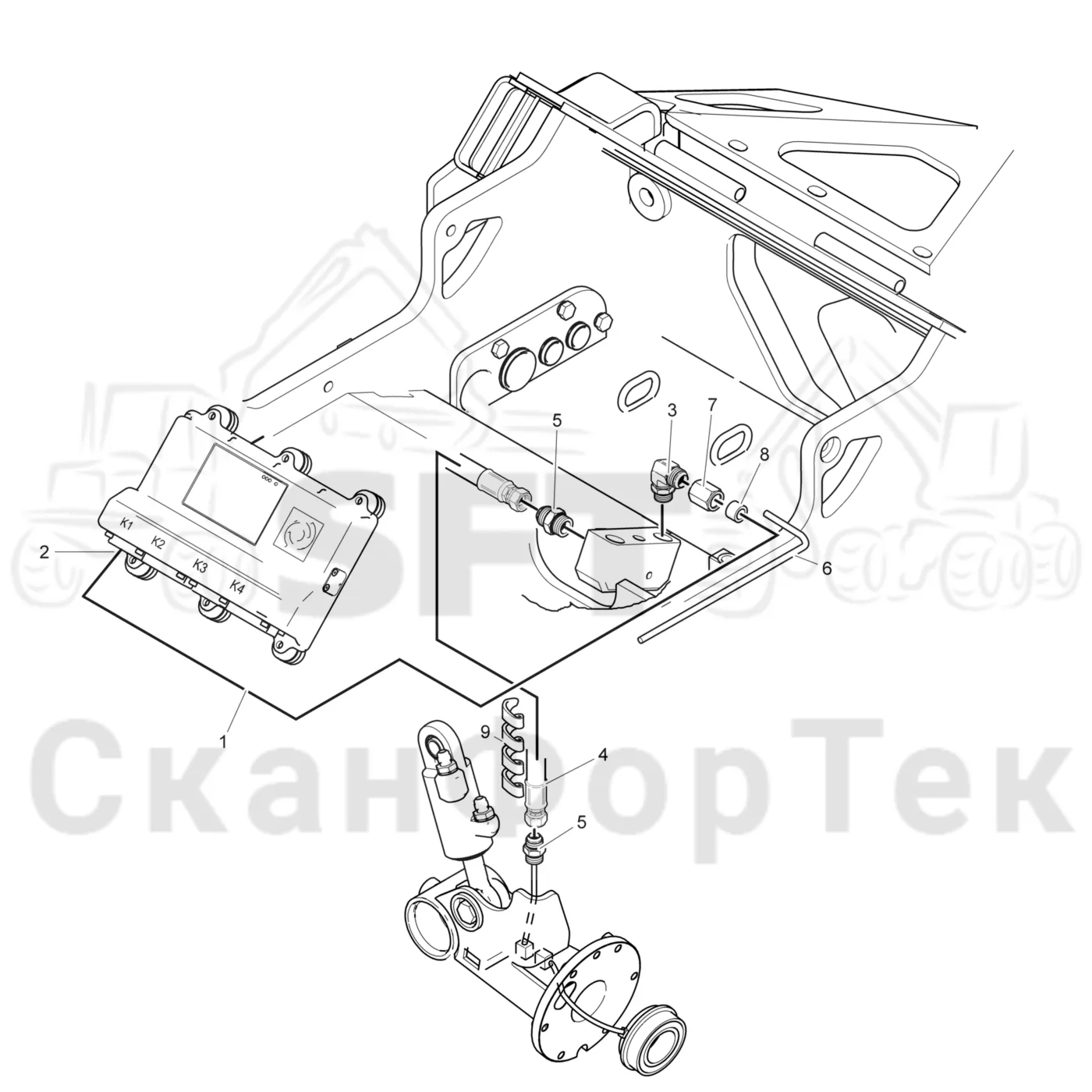 Схема: Komatsu / Лесозаготовительные машины / 931XC S/N 9313021208- / Каталог запасных частей / Лесозаготовительное оборудование / Головка лесозаготовительной машины / 370.2 / Каталог запасных частей / Измерение / Электрооборудование измерения длины