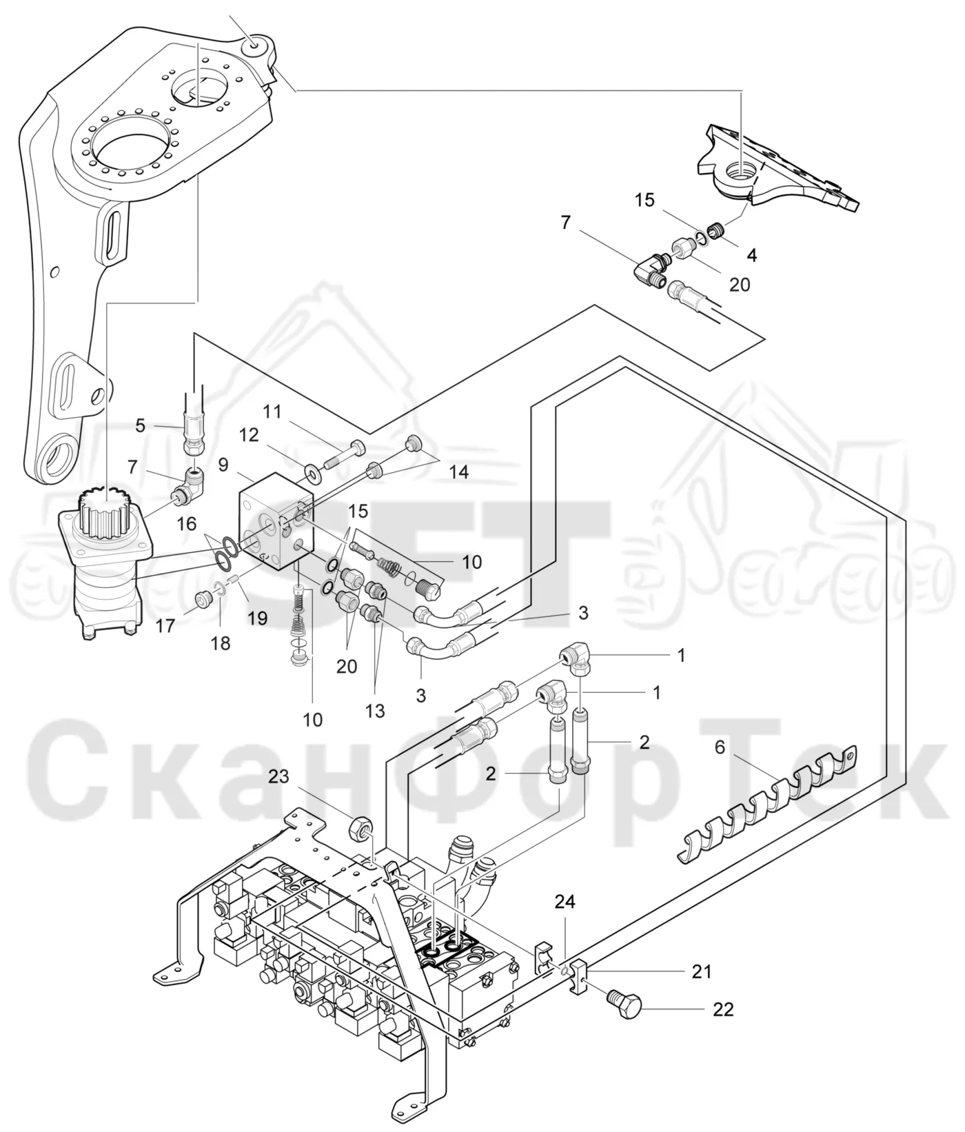 Схема: Komatsu / Лесозаготовительные машины / 931 S/N 9310021067- / Каталог запасных частей / Лесозаготовительное оборудование / Головка лесозаготовительной машины / 370.2 / Каталог запасных частей / Поворотные устройства и звенья / Гидравлическое оборудование поворотного устройства