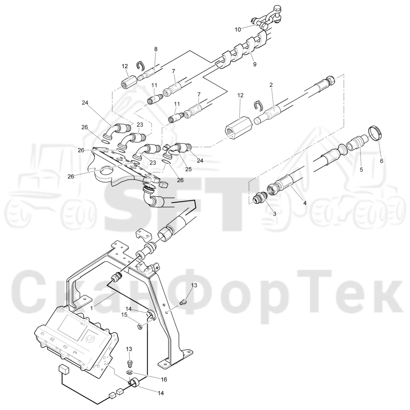 Схема: Komatsu / Головки лесозаготовительной машины / 300 Головки лесозаготовительной машины / 370.2 / Каталог запасных частей / Поворотные устройства и звенья / Гидравлическое оборудование головки подъемного крана CRH 8,5 m 3700022711-