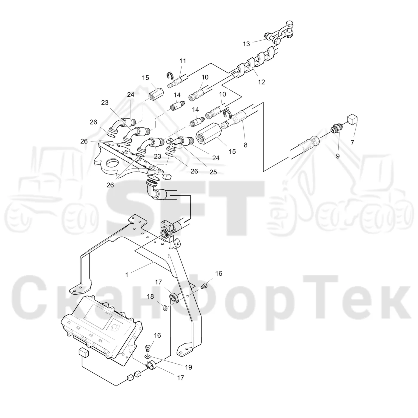 Схема: Komatsu / Лесозаготовительные машины / 911 S/N 9112062167- / Каталог запасных частей / Лесозаготовительное оборудование / Головка лесозаготовительной машины / 370.2 / Каталог запасных частей / Поворотные устройства и звенья / Гидравлическое оборудование головки подъемного крана CRH 24