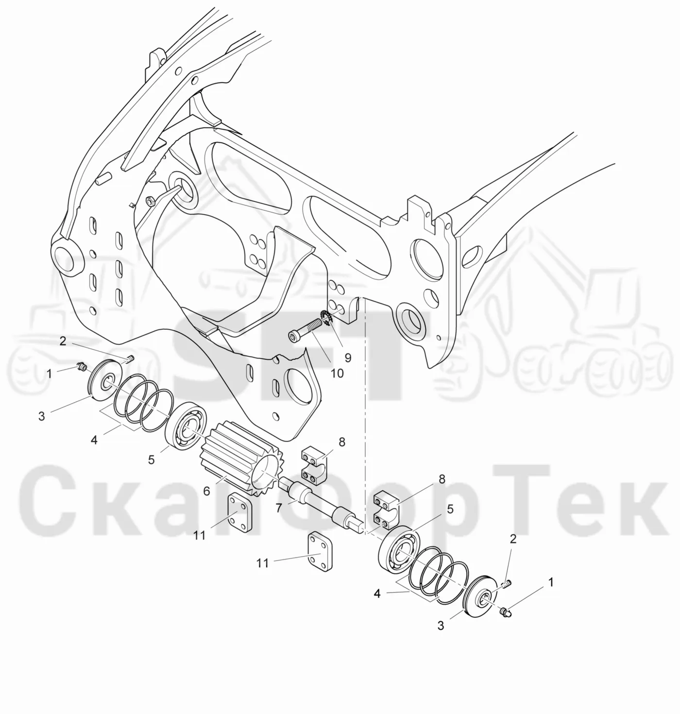 Схема: Valmet / Головки лесозаготовительной машины / Valmet 370 E / Valmet 370 E Ch. 11235- / Valmet 370 E Ch. 11235- / Каталог запасных частей / шасси / Опорный ролик передний
