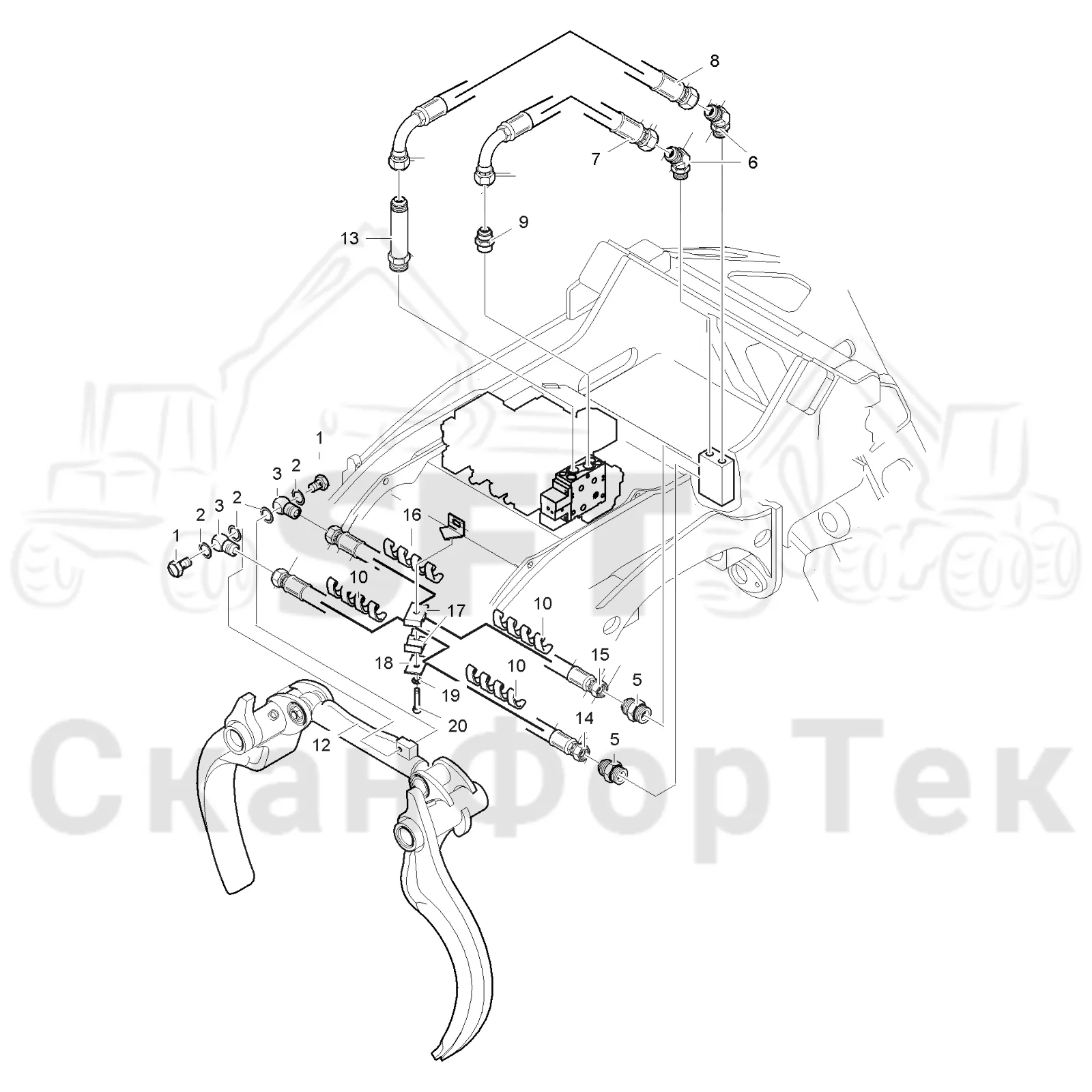 Схема: Komatsu / Лесозаготовительные машины / 951 S/N 9510004367- / Каталог запасных частей / Лесозаготовительное оборудование / Головка лесозаготовительной машины / 370E / Каталог запасных частей / Обрезка сучьев / Гидравлическое оборудование задних сучкорезных ножей