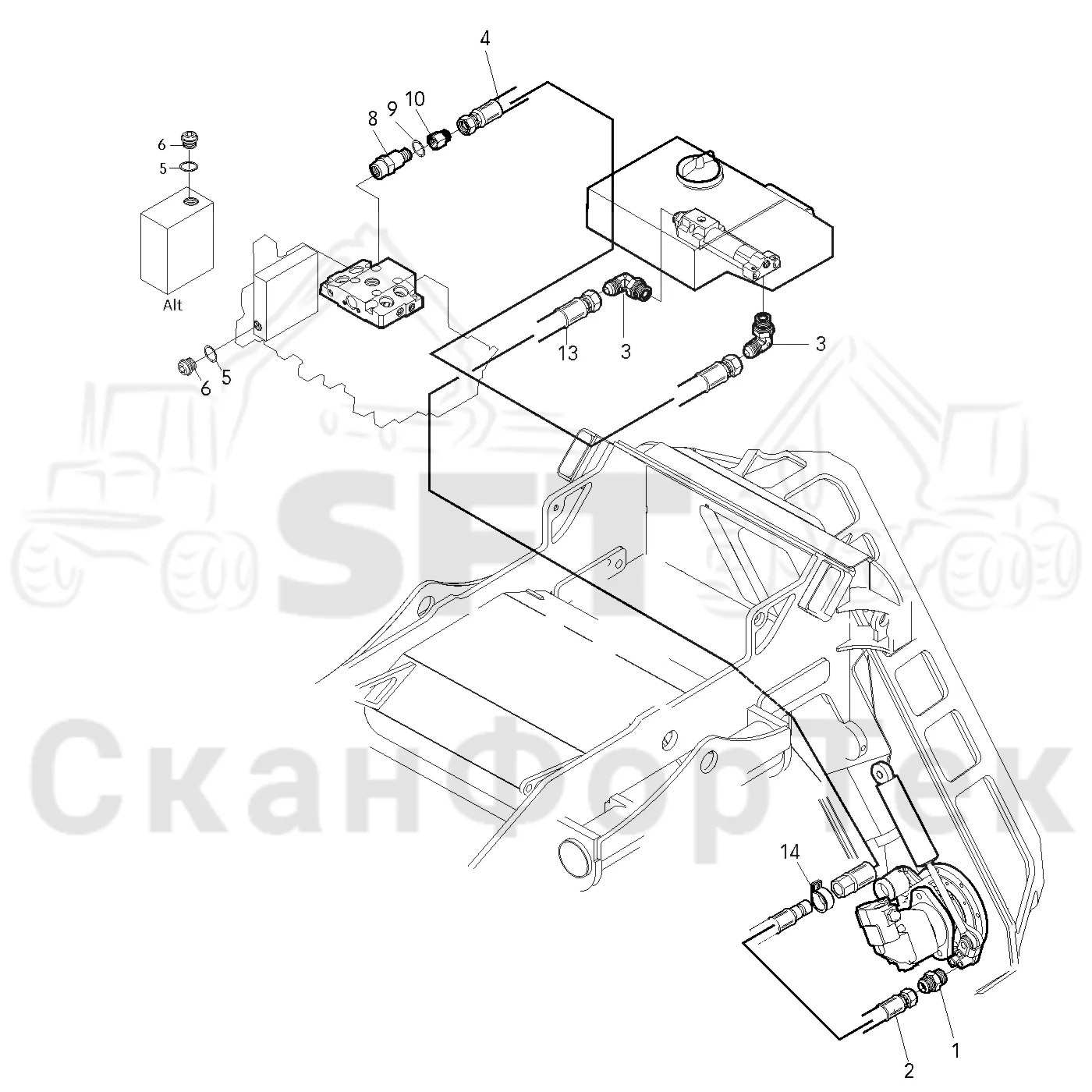 Схема: Komatsu / Лесозаготовительные машины / 951 S/N 9510004367- / Каталог запасных частей / Лесозаготовительное оборудование / Головка лесозаготовительной машины / 370E / Каталог запасных частей / Резка / Гидравлическое оборудование смазки цепи