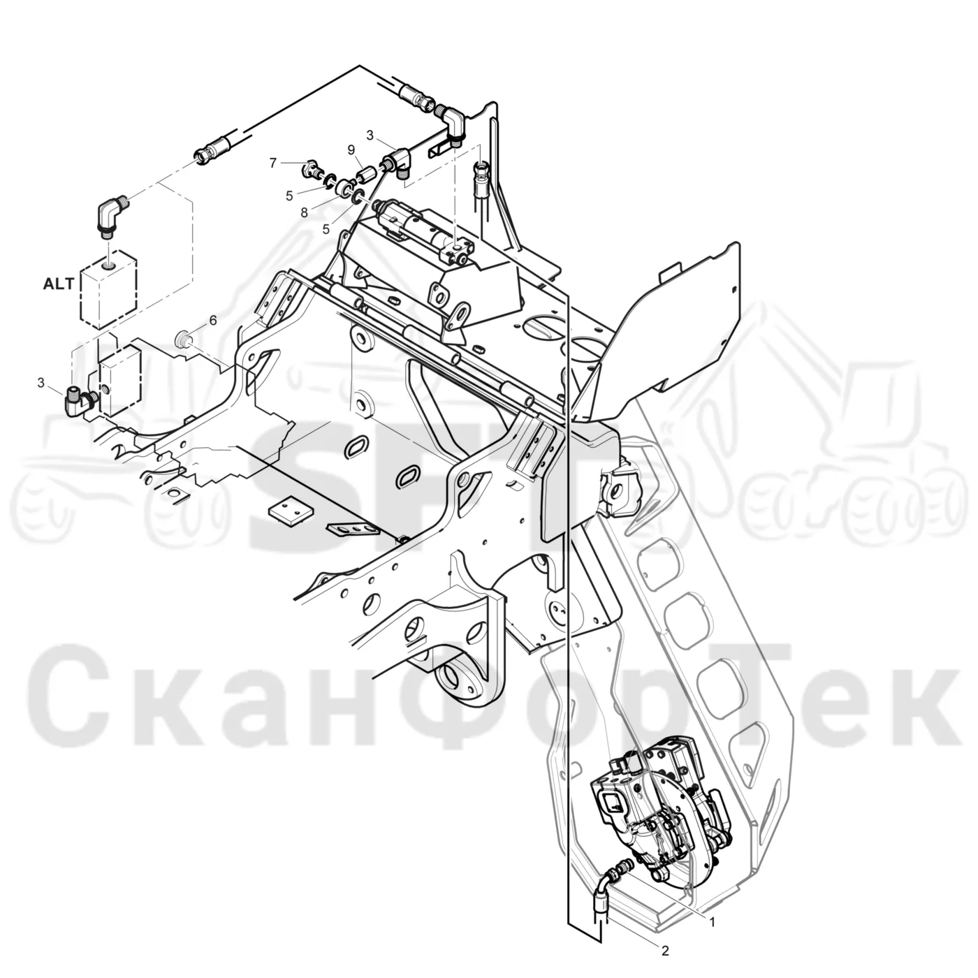 Схема: Komatsu / Лесозаготовительные машины / 951 S/N 9510004367- / Каталог запасных частей / Лесозаготовительное оборудование / Головка лесозаготовительной машины / 370E / Каталог запасных частей / Резка / Гидравлическое оборудование смазки цепи 3701002440-