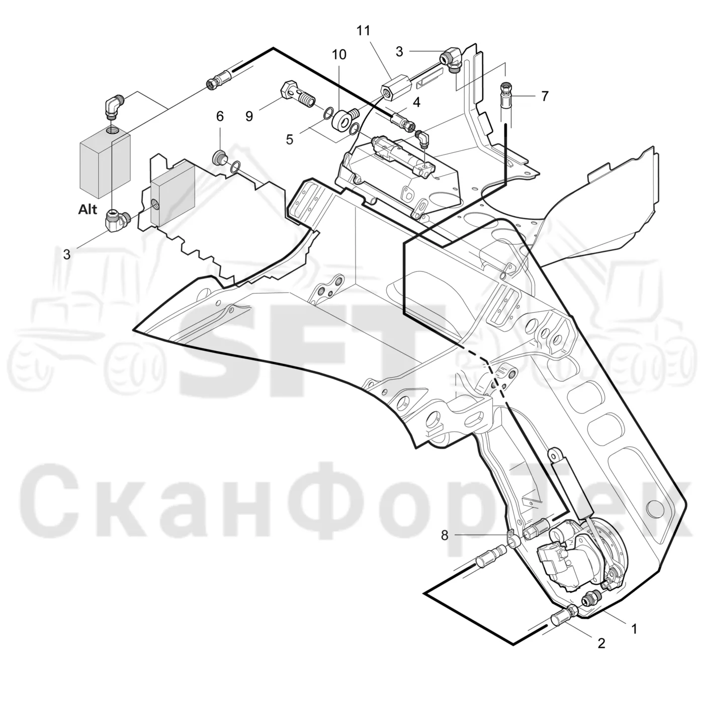 Схема: Komatsu / Лесозаготовительные машины / 951 S/N 9510004367- / Каталог запасных частей / Лесозаготовительное оборудование / Головка лесозаготовительной машины / 370E / Каталог запасных частей / Резка / Масленка Eco системы смазки цепи