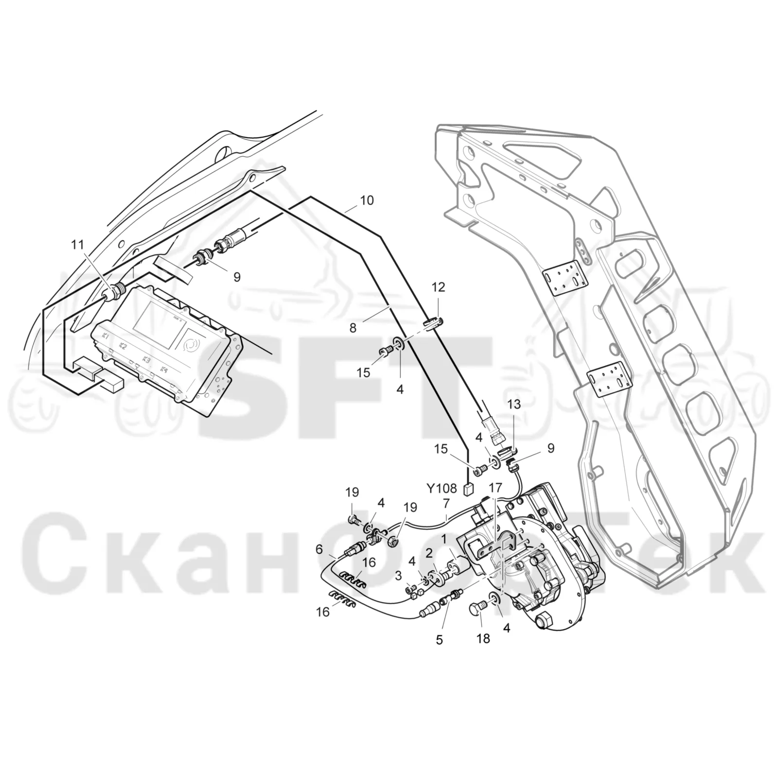 Схема: Komatsu / Головки лесозаготовительной машины / 300 Головки лесозаготовительной машины / 370E / Каталог запасных частей / Резка / Электрооборудование устройства резки 3701002440-