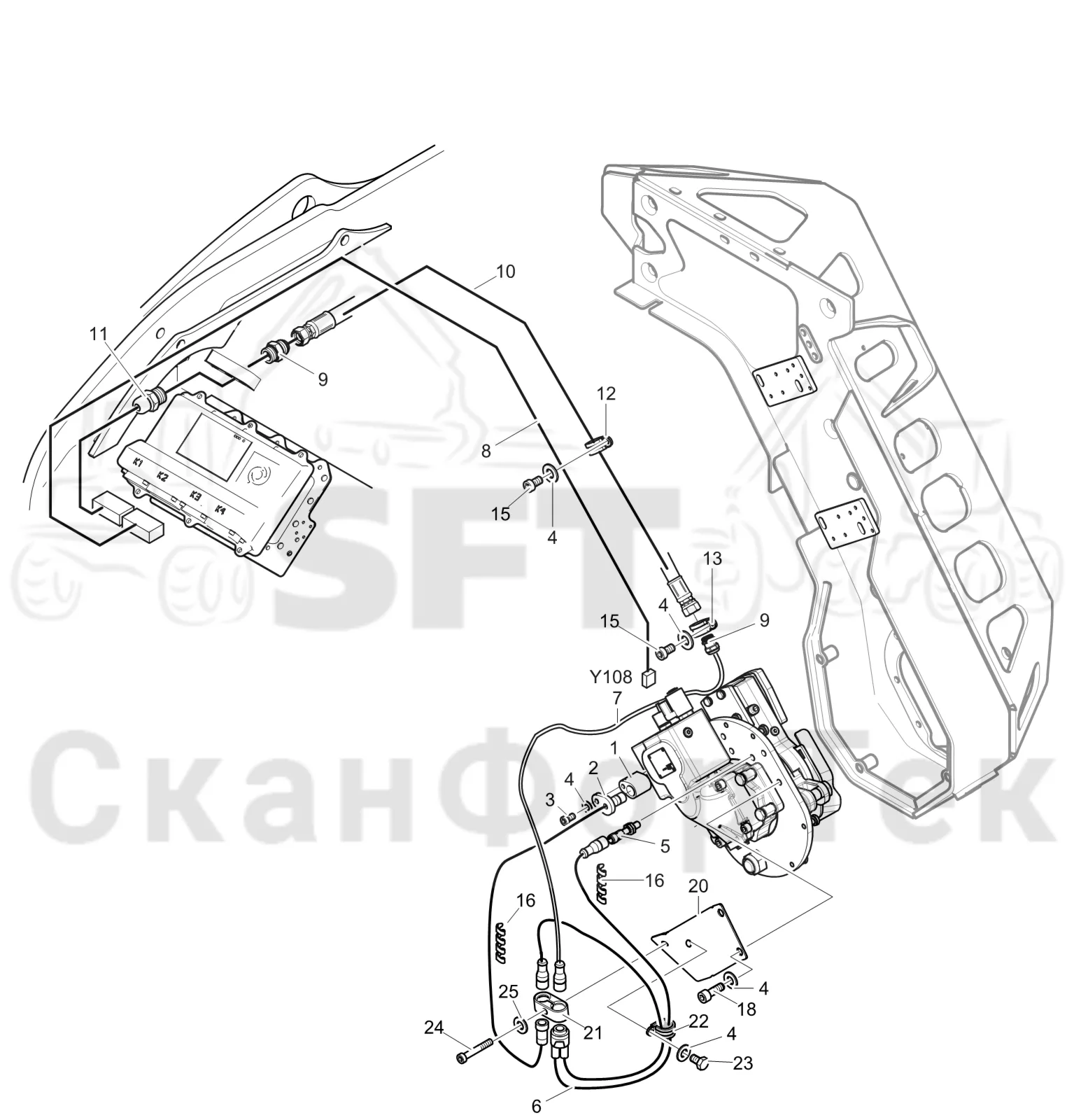 Схема: Komatsu / Лесозаготовительные машины / 951 S/N 9510004367- / Каталог запасных частей / Лесозаготовительное оборудование / Головка лесозаготовительной машины / 370E / Каталог запасных частей / Резка / Электрооборудование устройства резки 3701002751-