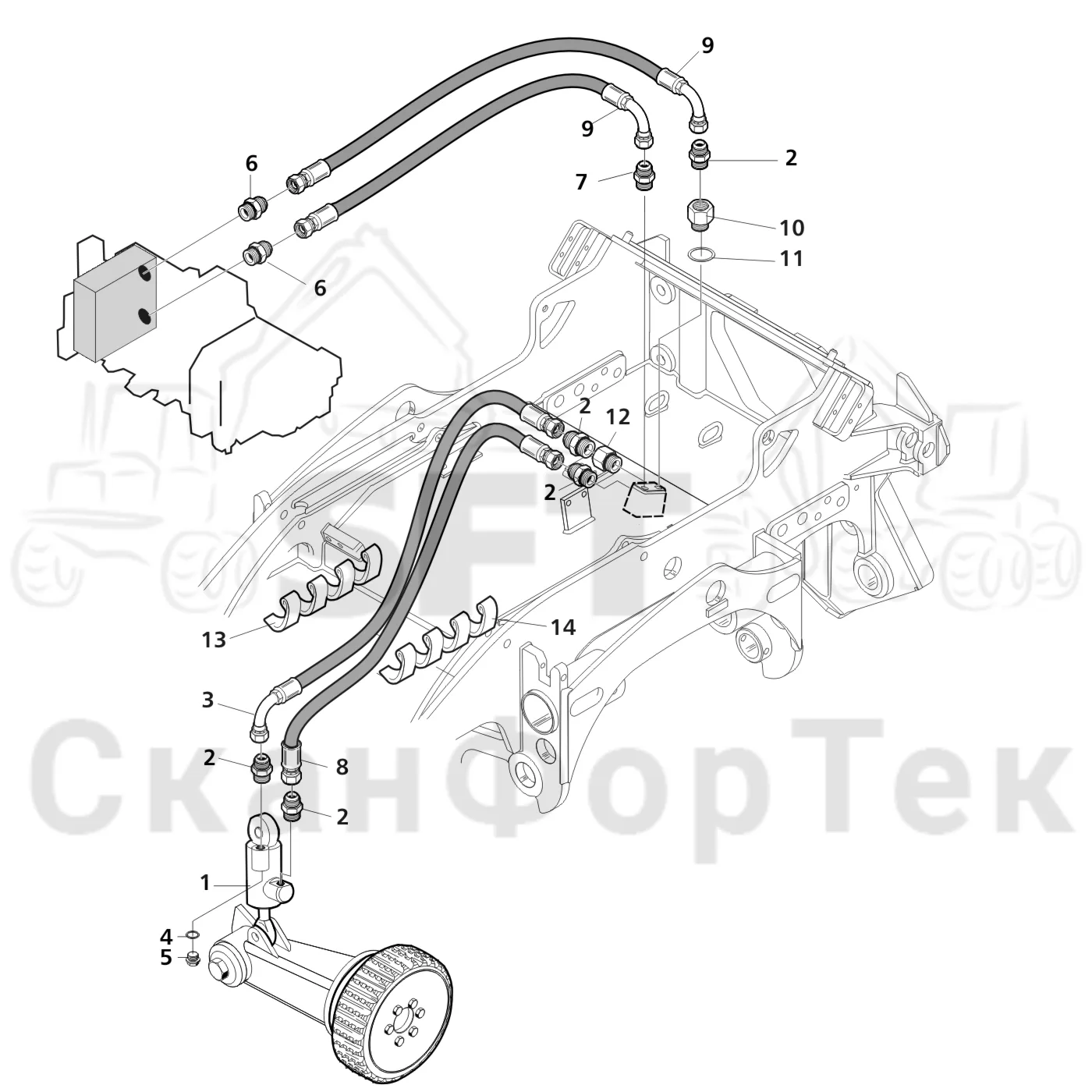 Схема: Valmet / Головки лесозаготовительной машины / Valmet 370 E / Valmet 370 E Ch. -11170 / Valmet 370 E Ch. -11170 / Каталог запасных частей / Измерение / Активное гидравлическое оборудование подъемника измерительного колеса