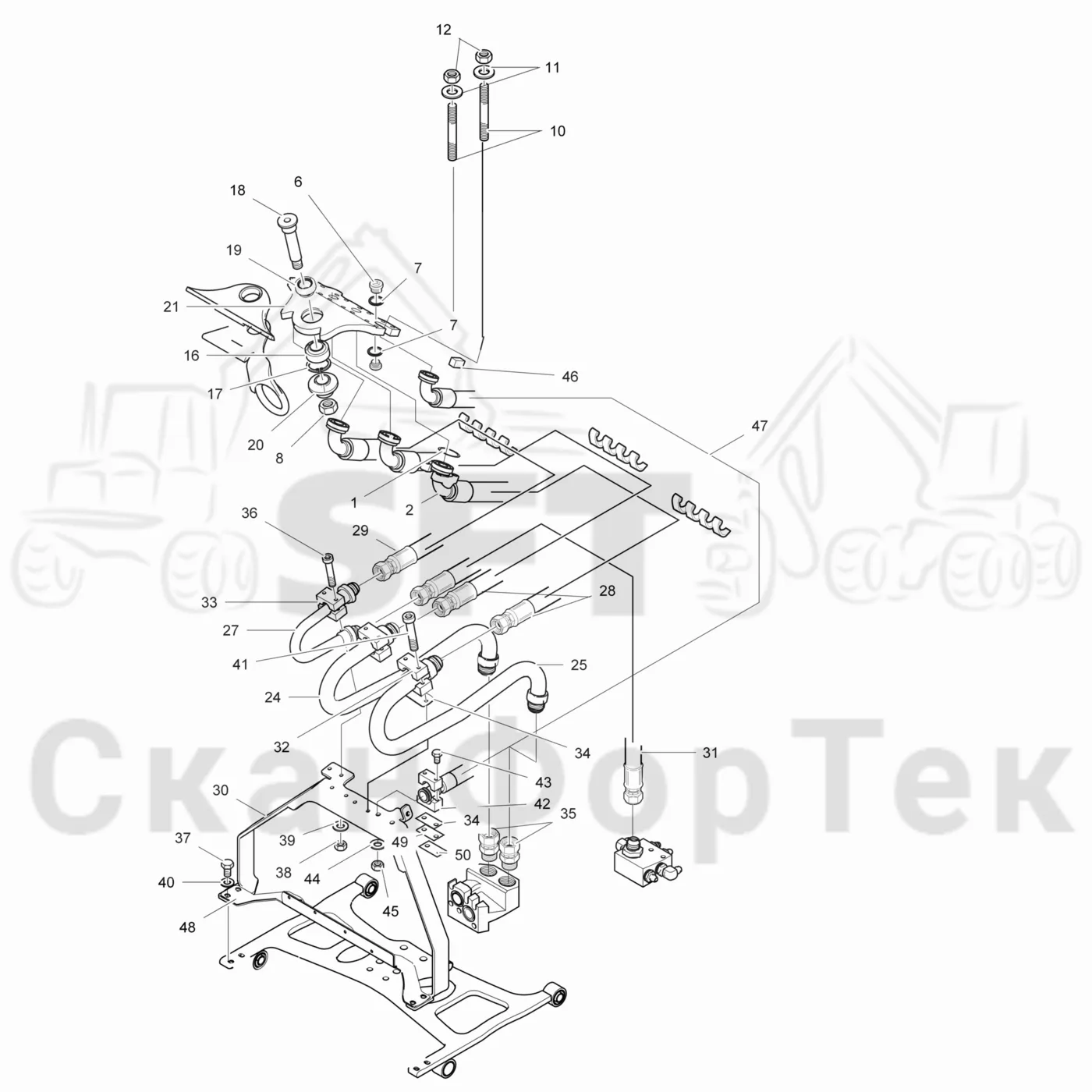 Схема: Komatsu / Головки лесозаготовительной машины / 300 Головки лесозаготовительной машины / 370E / Каталог запасных частей / Поворотные устройства и звенья / Соединительный комплект