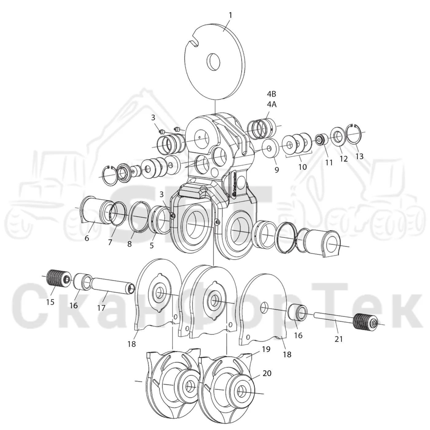 Схема: Komatsu / Лесозаготовительные машины / 941.1 / Каталог запасных частей / Лесозаготовительное оборудование / Головка лесозаготовительной машины / 370E / Каталог запасных частей / Поворотные устройства и звенья / Демпфер поворота MPB2 100 mm  3701002371-