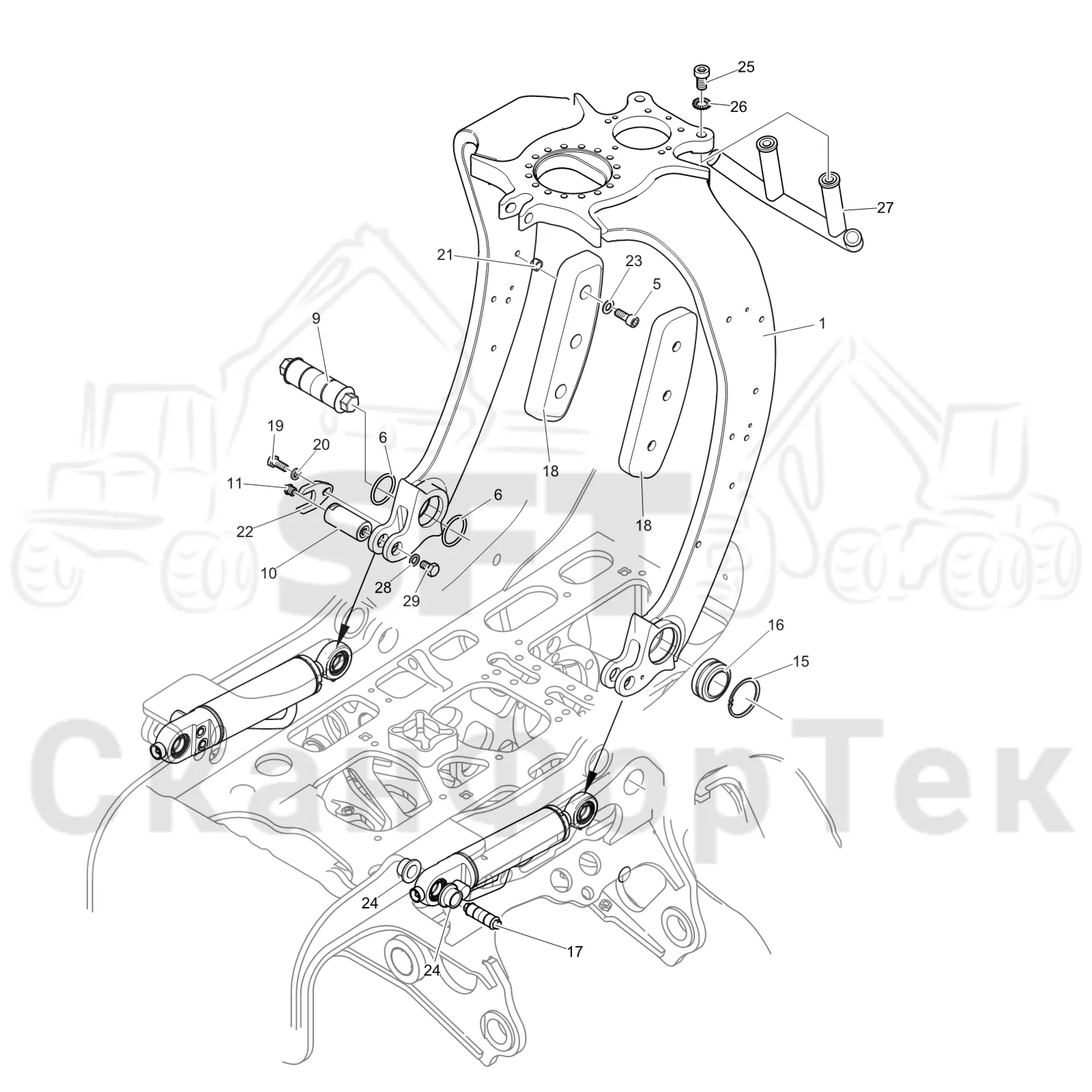 Схема: Komatsu / Лесозаготовительные машины / 911 S/N 9110062167- / Каталог запасных частей / Лесозаготовительное оборудование / Головка лесозаготовительной машины / 365.1 / Каталог запасных частей / шасси / Звено подвески