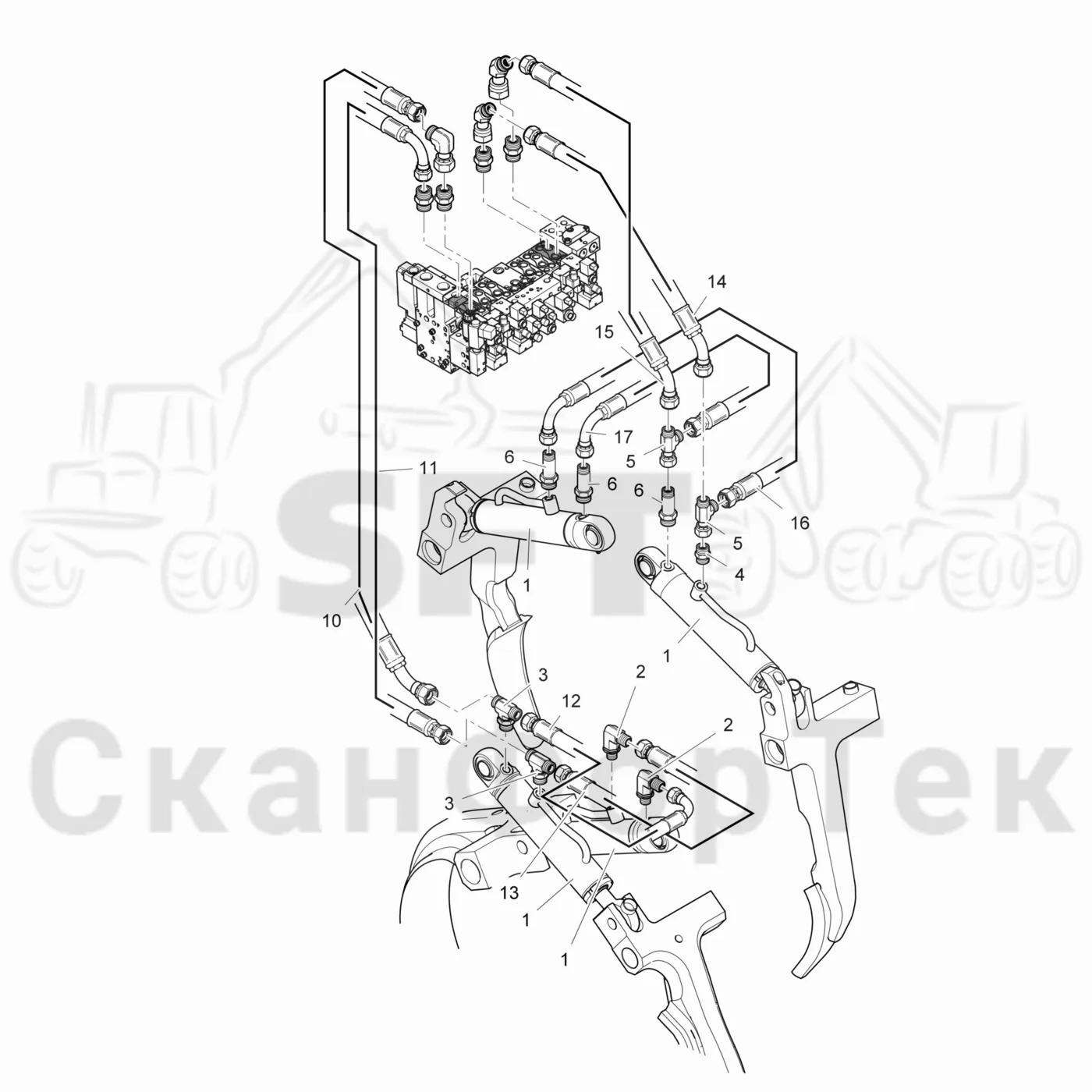 Схема: Valmet / Лесозаготовительные машины / Valmet 931 / Valmet 931 / Каталог запасных частей / Лесозаготовительное оборудование / Головка лесозаготовительной машины / Valmet 365 / Каталог запасных частей / Обрезка сучьев / Гидравлический привод сучкорезного ножа