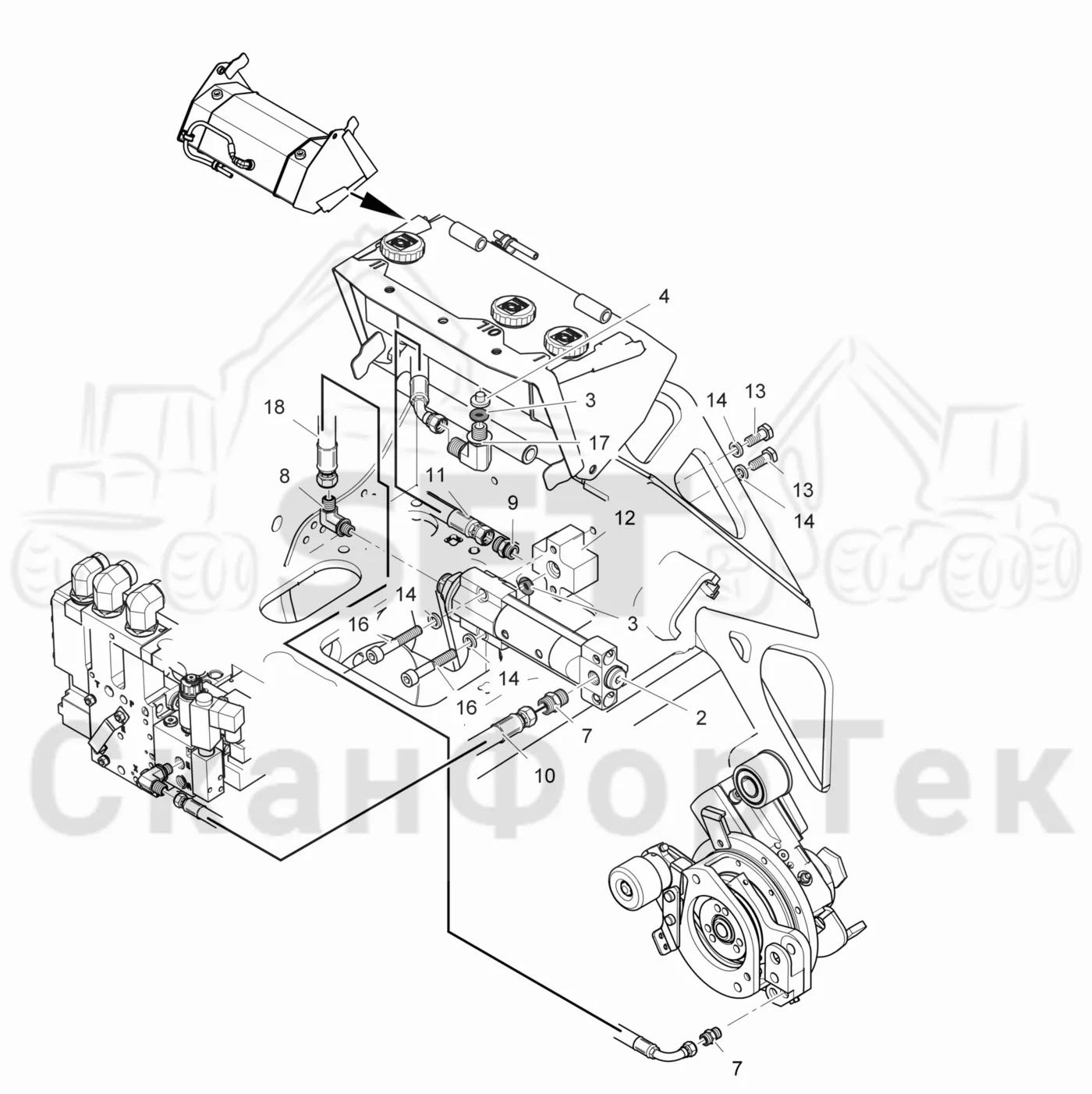 Схема: Komatsu / Лесозаготовительные машины / 911 S/N 9112062167- / Каталог запасных частей / Лесозаготовительное оборудование / Головка лесозаготовительной машины / 365.1 / Каталог запасных частей / Резка / Масленка Eco системы смазки цепи