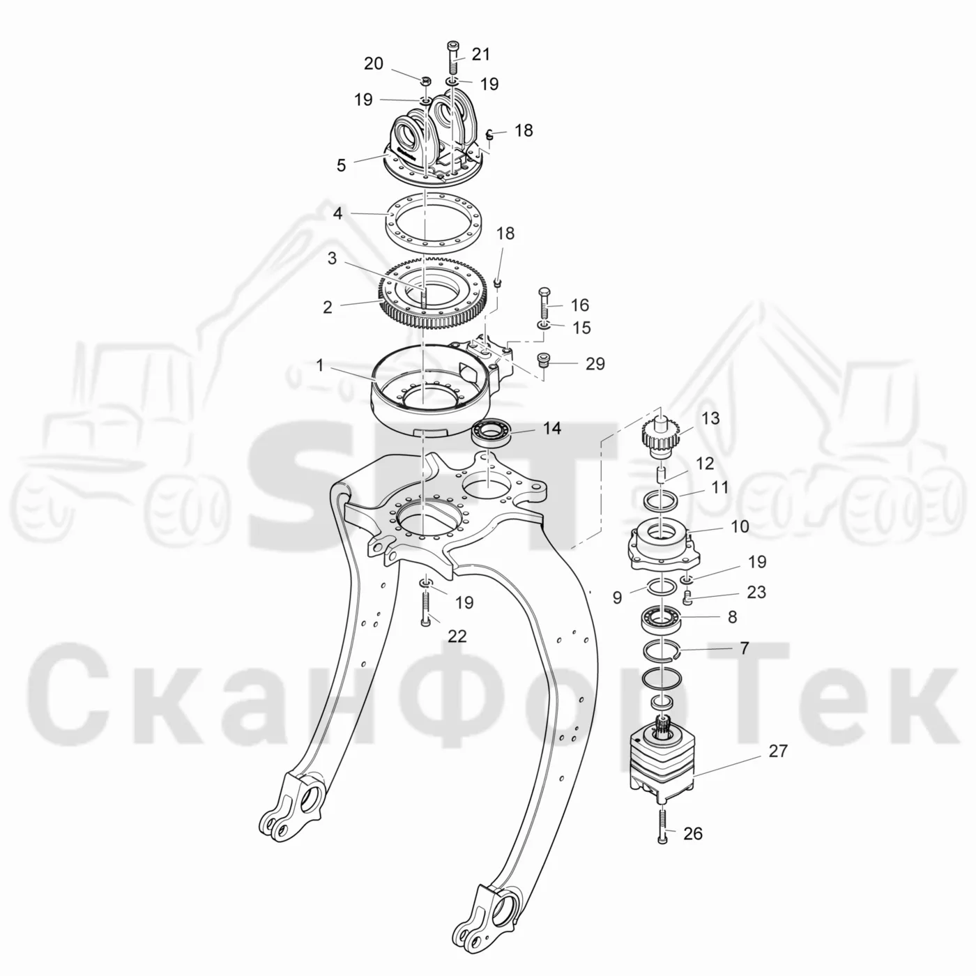 Схема: Komatsu / Лесозаготовительные машины / 911 S/N 9110062167- / Каталог запасных частей / Лесозаготовительное оборудование / Головка лесозаготовительной машины / 365.1 / Каталог запасных частей / Поворотные устройства и звенья / Поворотное устройство Механика