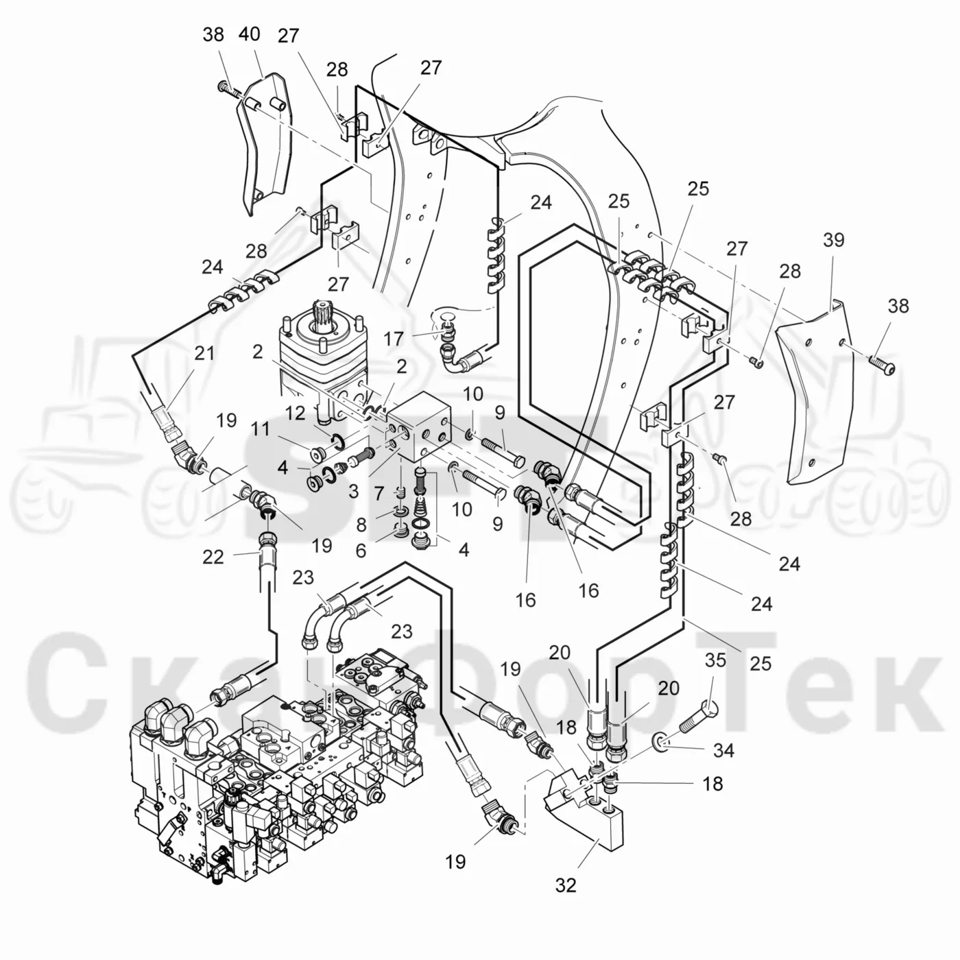 Схема: Valmet / Головки лесозаготовительной машины / Valmet 365 / Valmet 365 / Каталог запасных частей / Поворотные устройства и звенья / Гидравлическое оборудование поворотного устройства