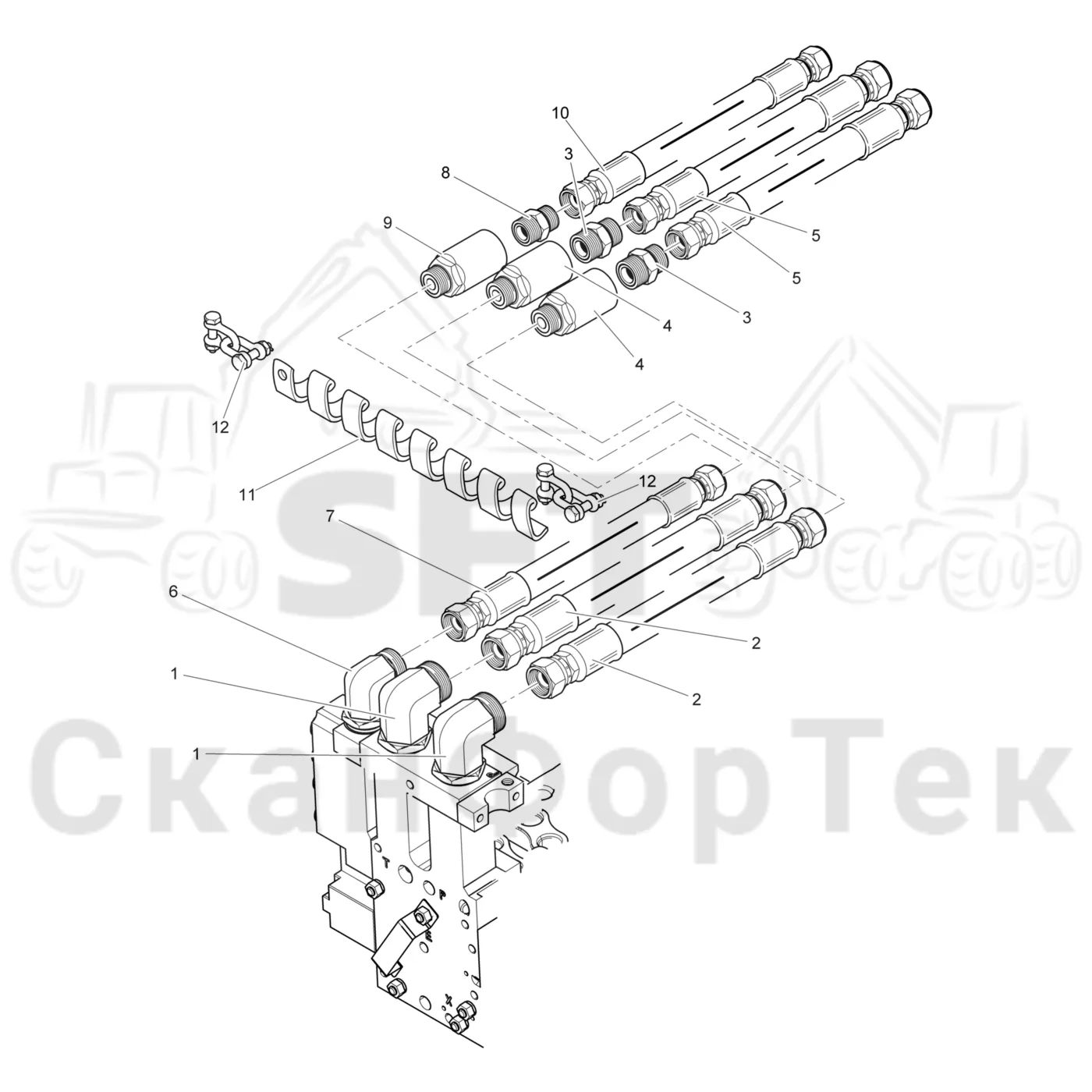Схема: Komatsu / Головки лесозаготовительной машины / 300 Головки лесозаготовительной машины / 365.1 / Каталог запасных частей / Поворотные устройства и звенья / Гидравлическое оборудование головки подъемного крана CRH JIC