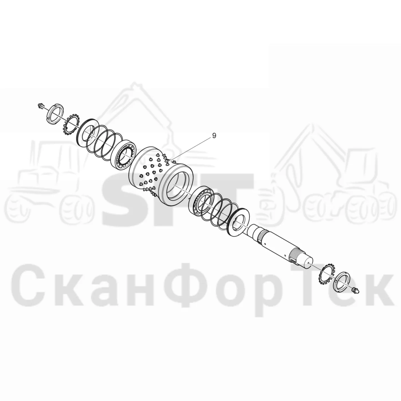 Схема: Komatsu / Лесозаготовительные машины / 951 S/N 9510004367- / Каталог запасных частей / Лесозаготовительное оборудование / Головка лесозаготовительной машины / C202E / Каталог запасных частей / шасси / Ролик