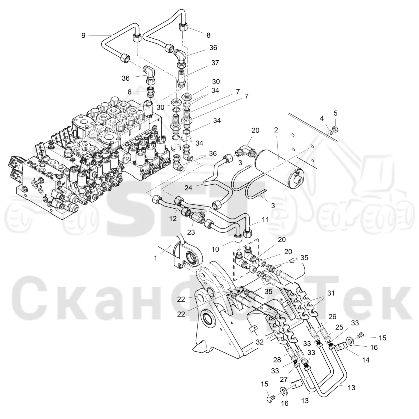 Схема: Komatsu / Головки лесозаготовительной машины / 300 Головки лесозаготовительной машины / 378 E / Каталог запасных частей / Подача / Открывание/закрывание подающего ролика