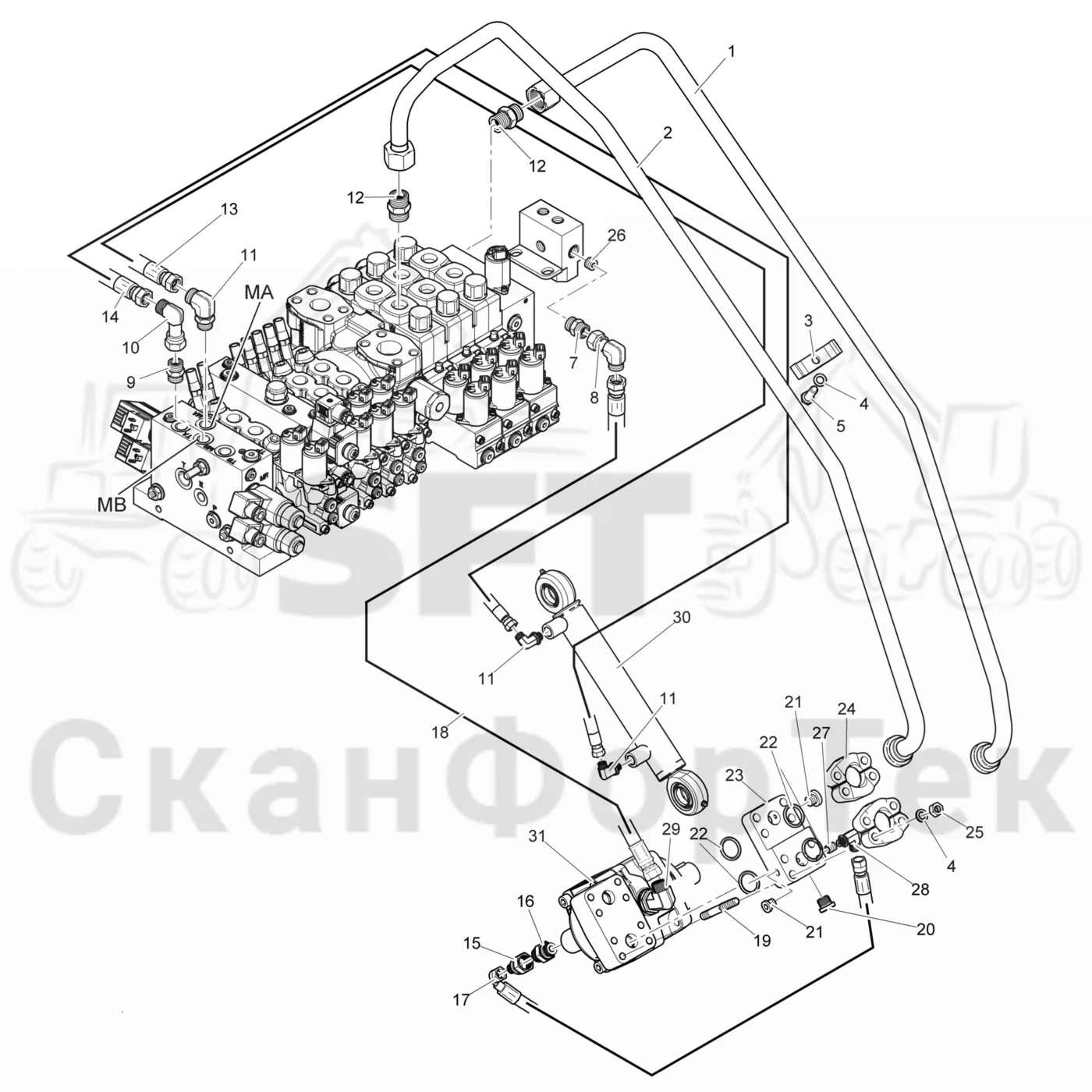 Схема: Komatsu / Головки лесозаготовительной машины / 300 Головки лесозаготовительной машины / 378 / Каталог запасных частей / Резка / Гидравлическое устройство резки, шасси 