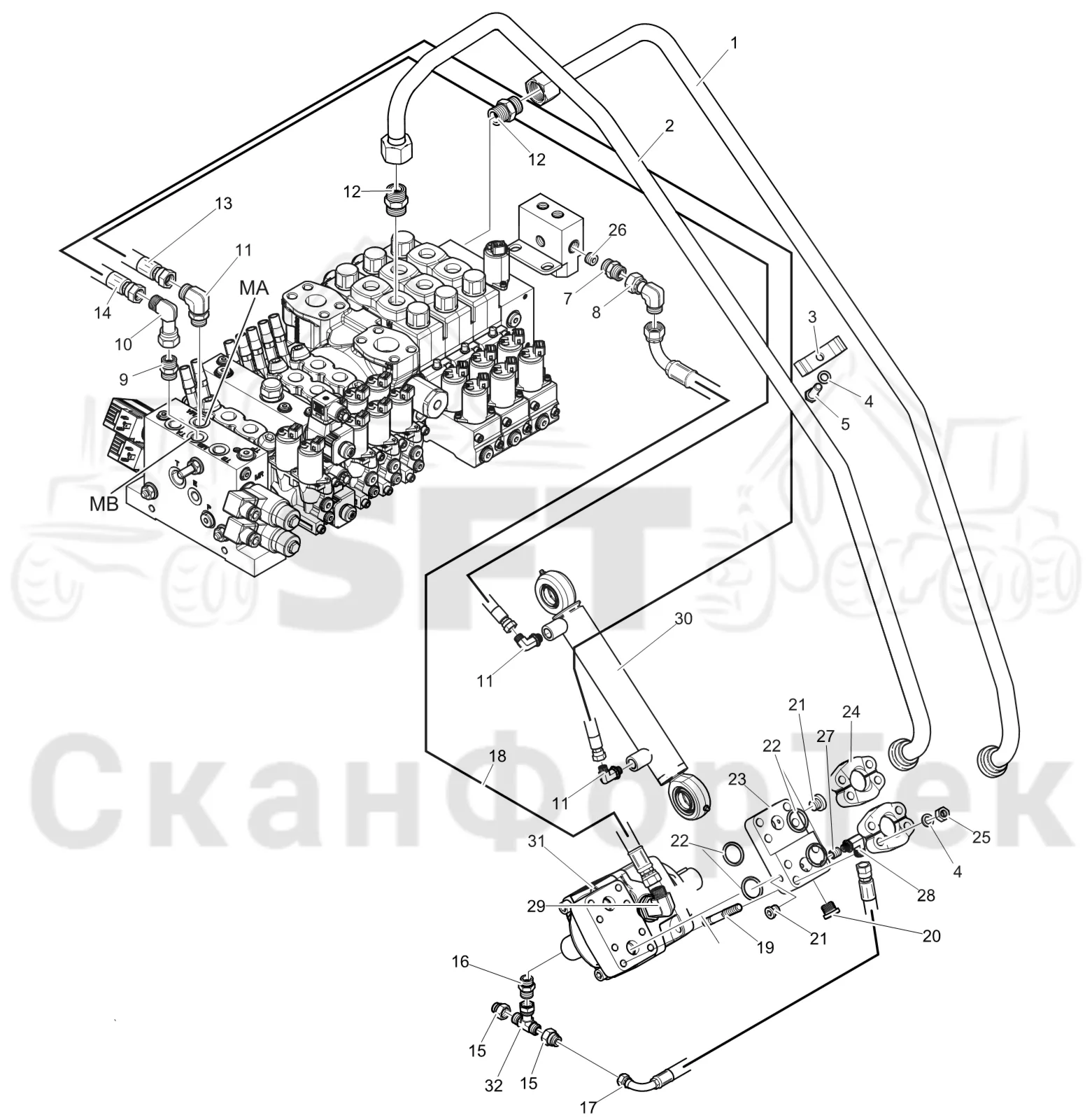 Схема: Komatsu / Головки лесозаготовительной машины / 300 Головки лесозаготовительной машины / 378 / Каталог запасных частей / Резка / Гидравлический привод цилиндра резки 3780001371- 
