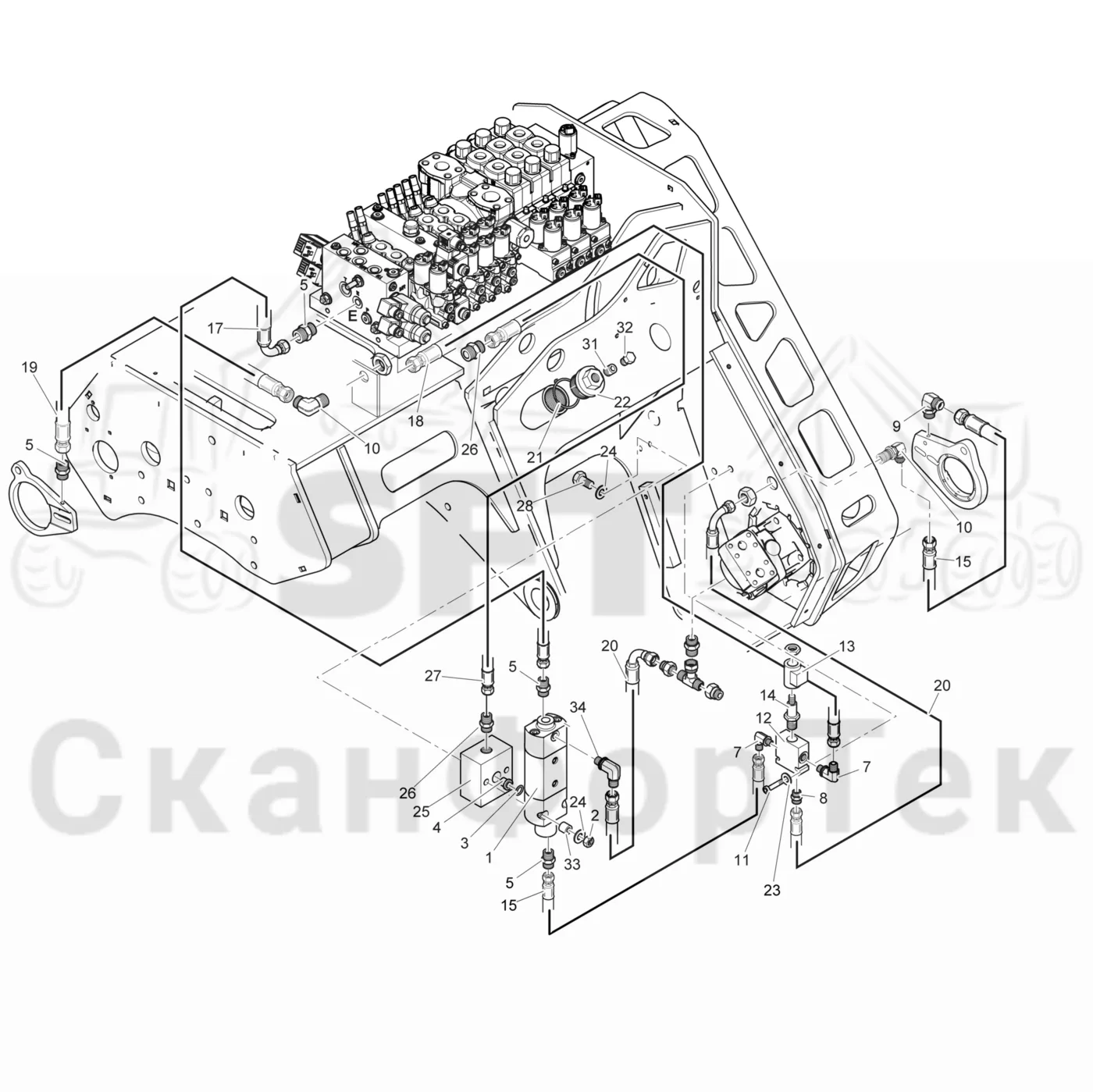 Схема: Komatsu / Головки лесозаготовительной машины / 300 Головки лесозаготовительной машины / 378 / Каталог запасных частей / Резка / Chain lubrication hydraulic topsaw