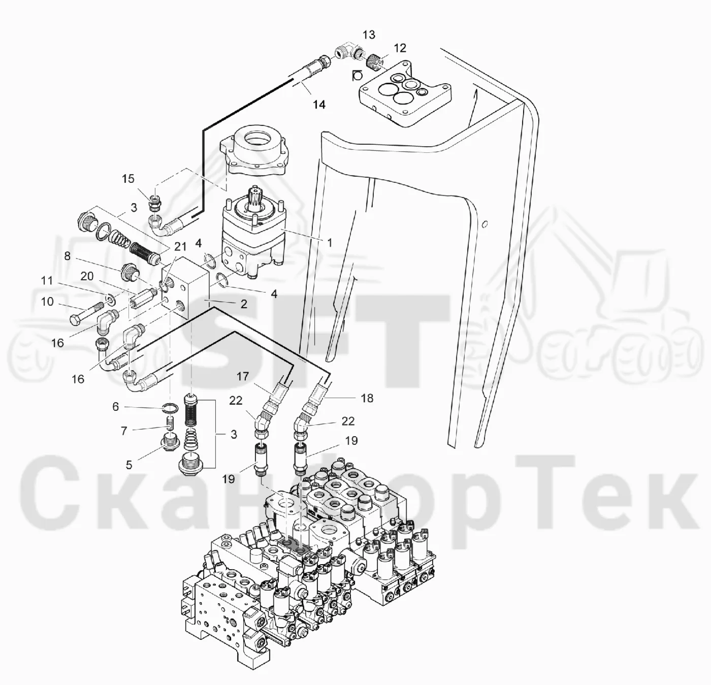 Схема: Valmet / Головки лесозаготовительной машины / Valmet 378 / Valmet 378 / Каталог запасных частей / Поворотные устройства и звенья / Гидравлическое оборудование поворотного устройства