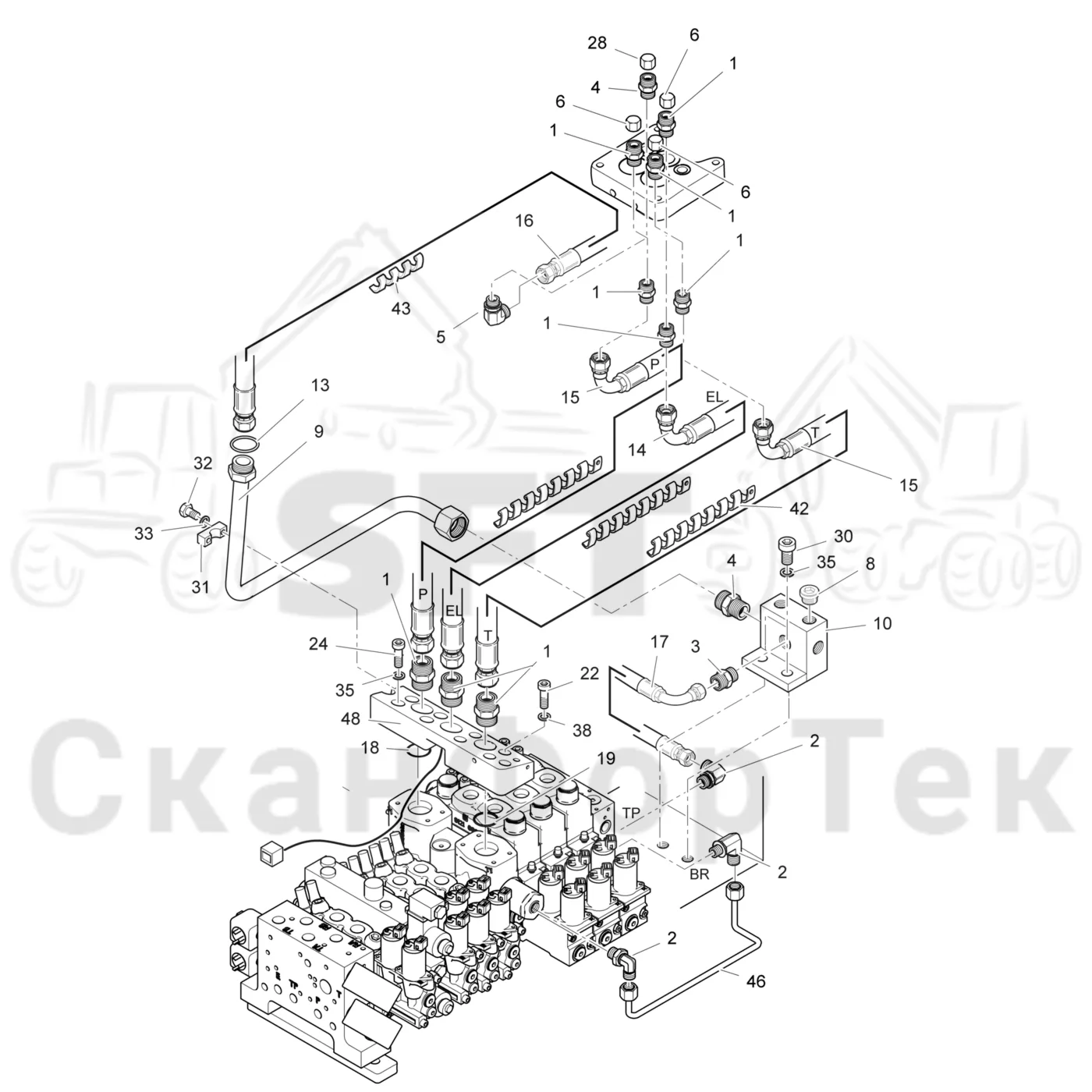 Схема: Valmet / Головки лесозаготовительной машины / Valmet 378 / Valmet 378 / Каталог запасных частей / Поворотные устройства и звенья / Соединительный комплект