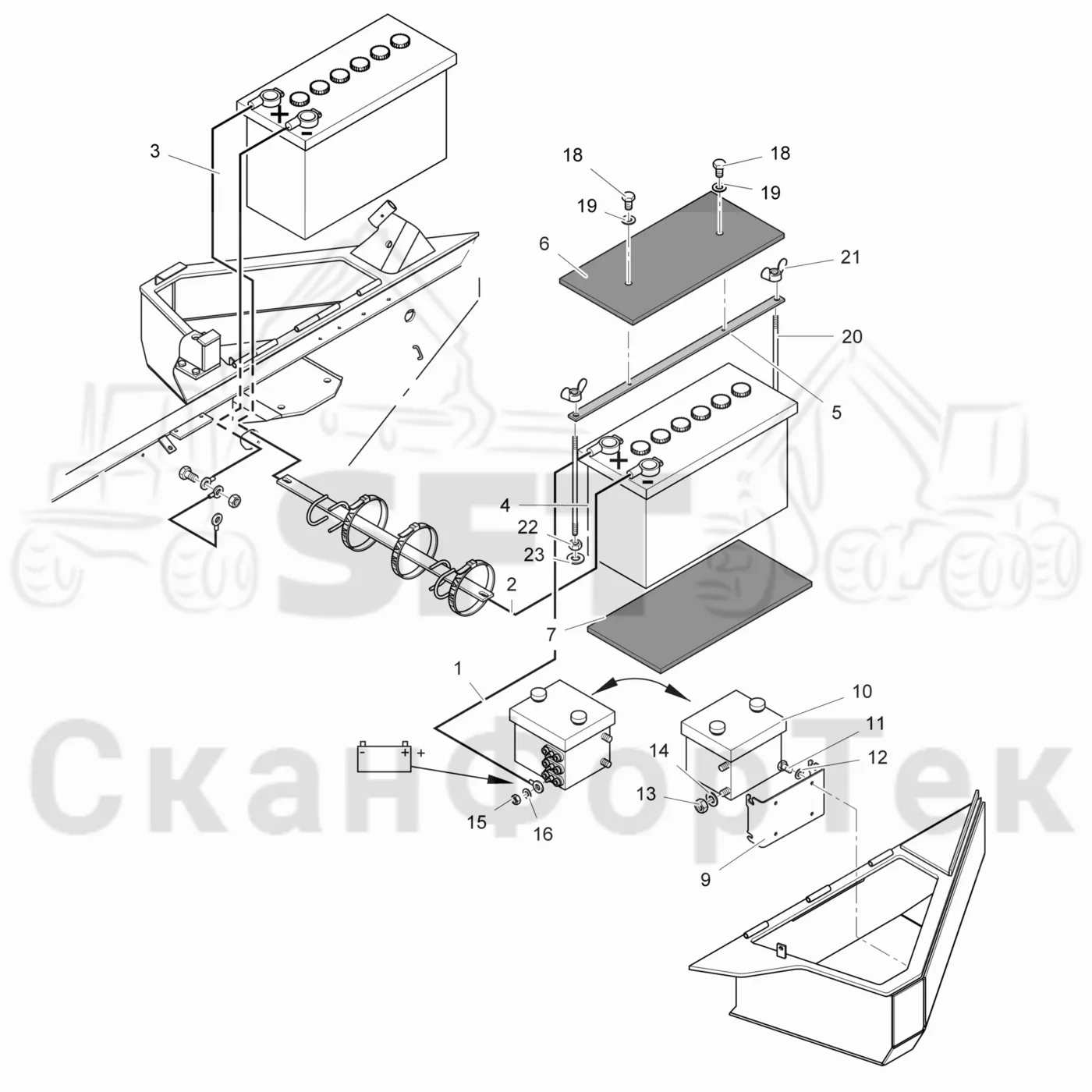 Схема: Komatsu / Лесозаготовительные машины / 931.1 / Каталог запасных частей / шасси / Электрический Оборудование / Комплект электрооборудования аккумуляторной батареи 170 А-час