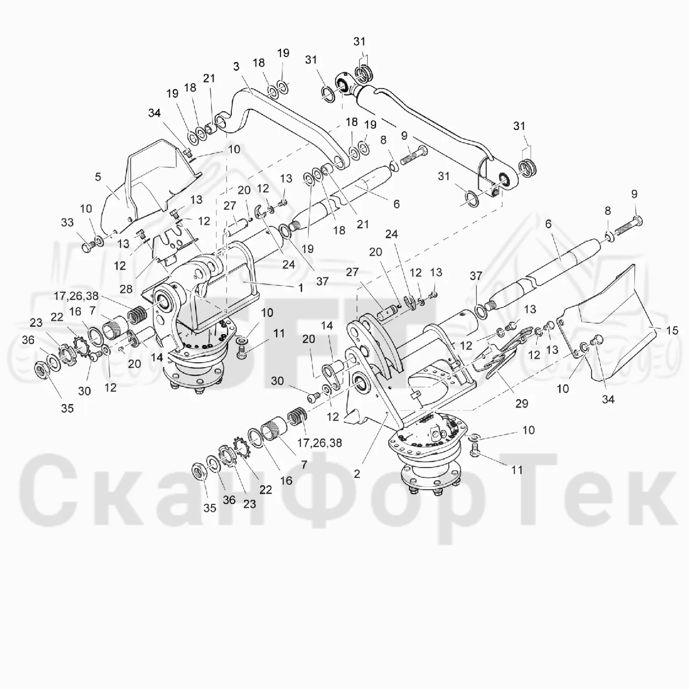Схема: Komatsu / Головки лесозаготовительной машины / 300 Головки лесозаготовительной машины / 378 E / Каталог запасных частей / Подача / шасси подающих роликов от шасси