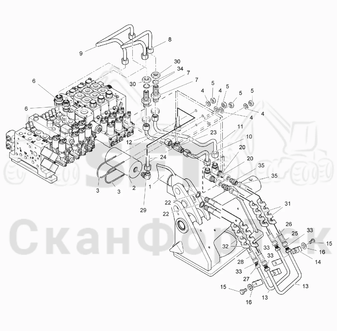 Схема: Komatsu / Головки лесозаготовительной машины / 300 Головки лесозаготовительной машины / 378 E / Каталог запасных частей / Подача / Открывание/закрывание подающего ролика от шасси