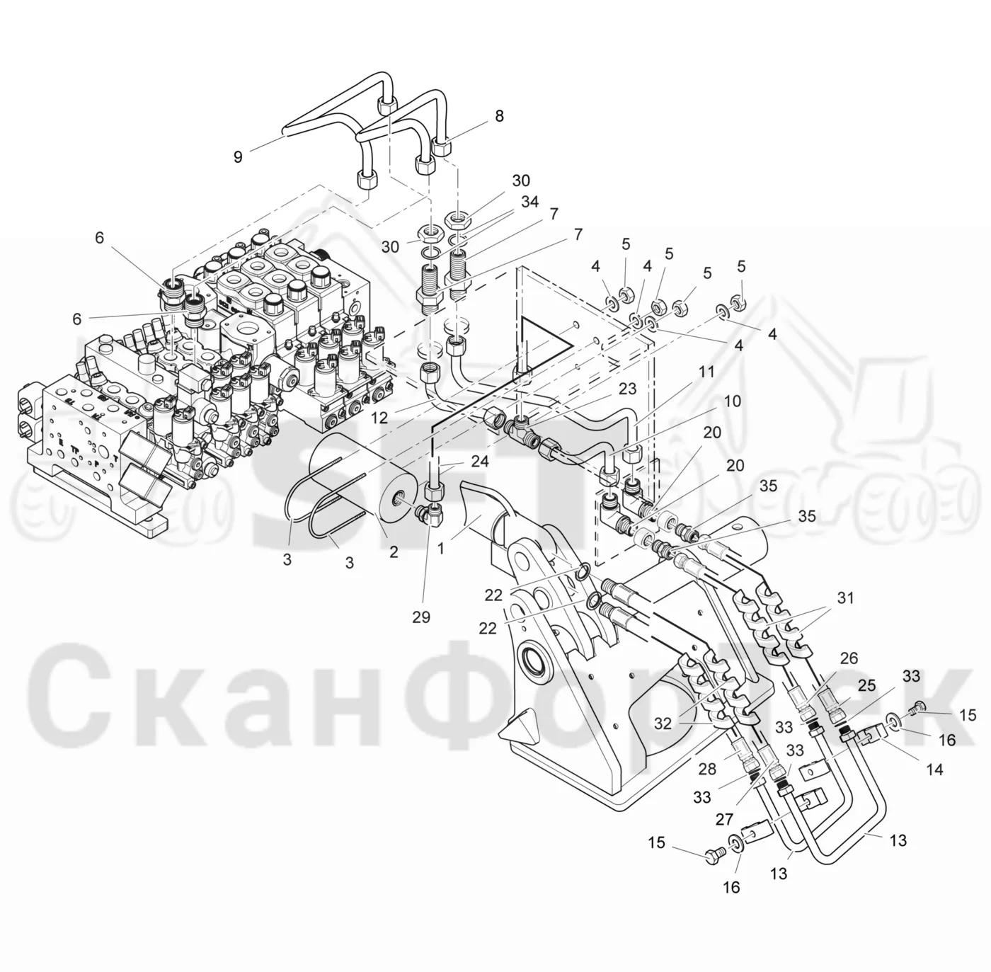 Схема: Komatsu / Головки лесозаготовительной машины / 300 Головки лесозаготовительной машины / 378 E / Каталог запасных частей / Подача / Открывание/закрывание подающего ролика от шасси 3781014042-